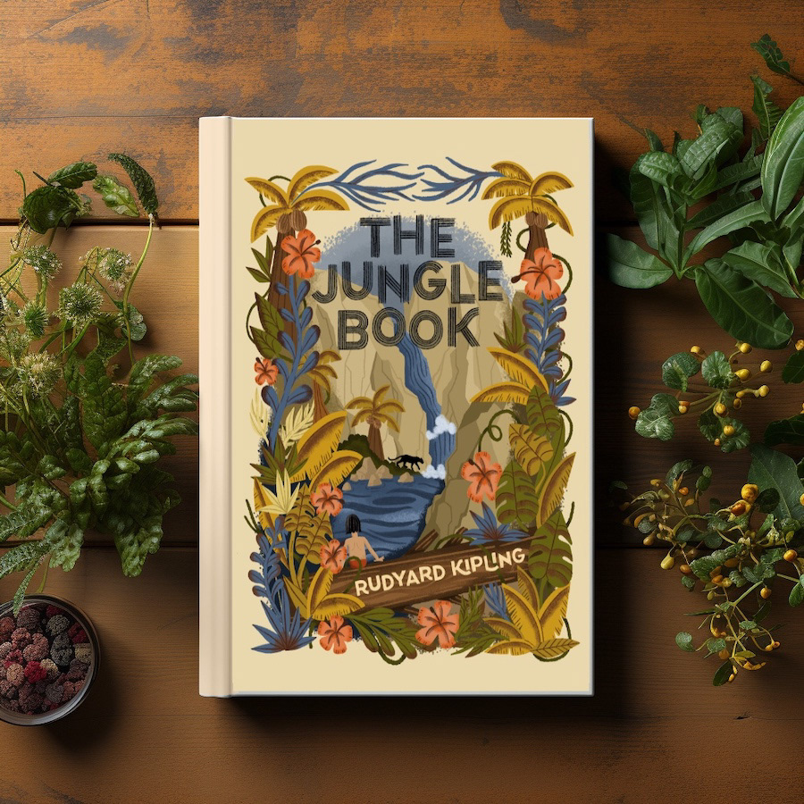 the photograph shows an illustrated bookcover. The book is laid flat on a wooden table surrounded by plants. The bookcover is a stylised artwork of the classic story The Jungle Book by Rudyard Kipling