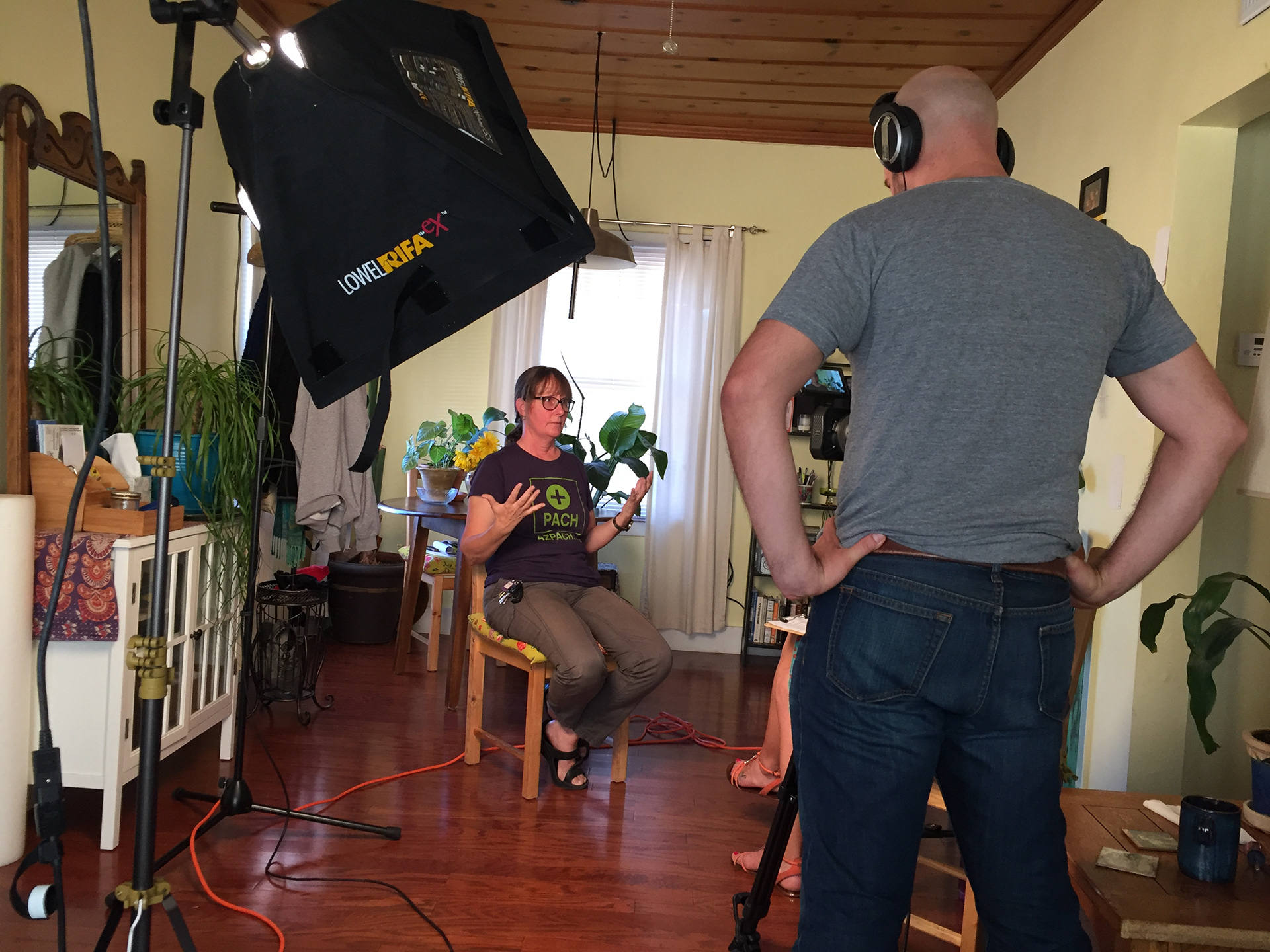 Adjusting levels in our “home studio” during an interview with Amy McMullen with our two-person crew.