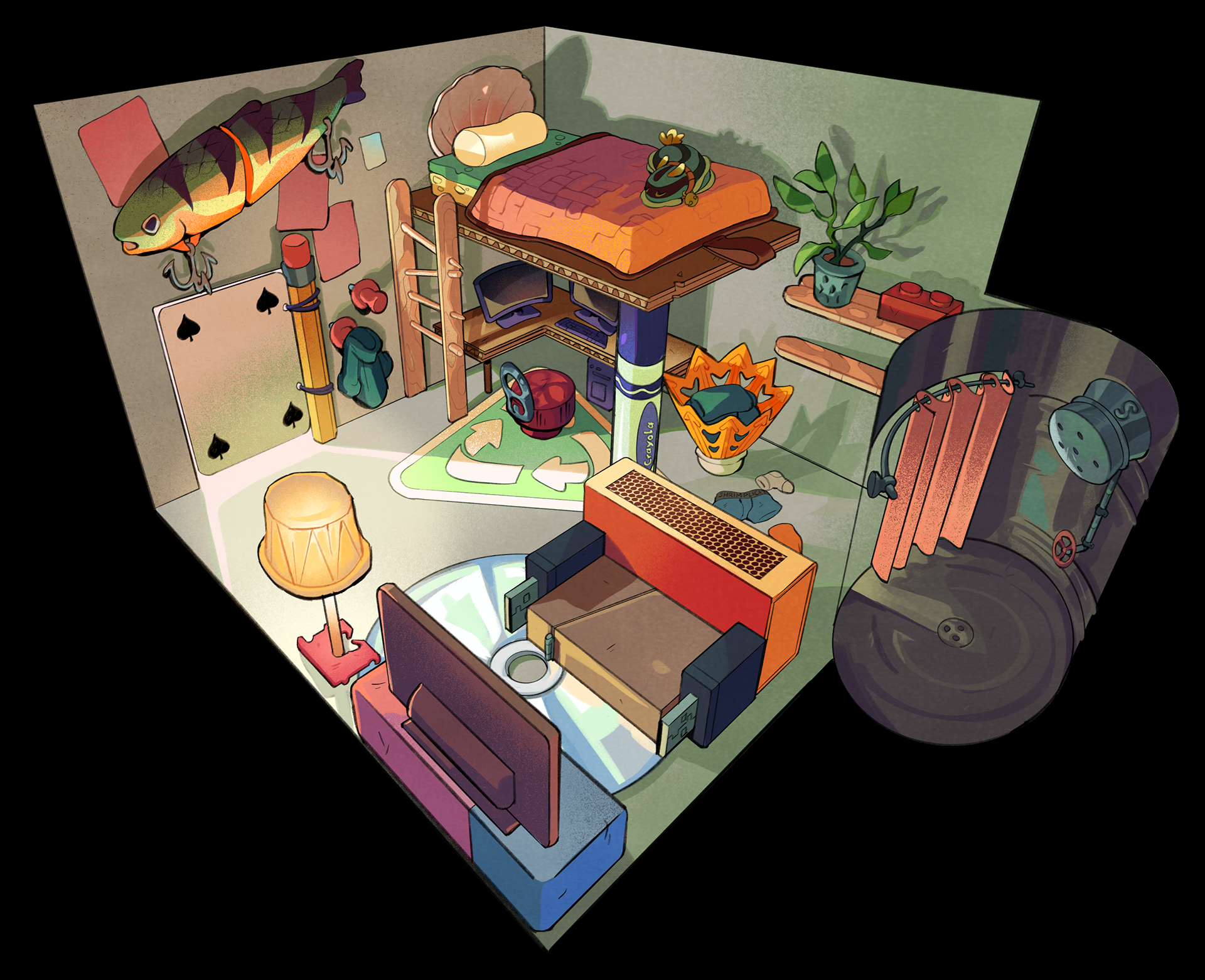 Cut away room layout and prop design for a little shrimp that lives in a polluted reef.