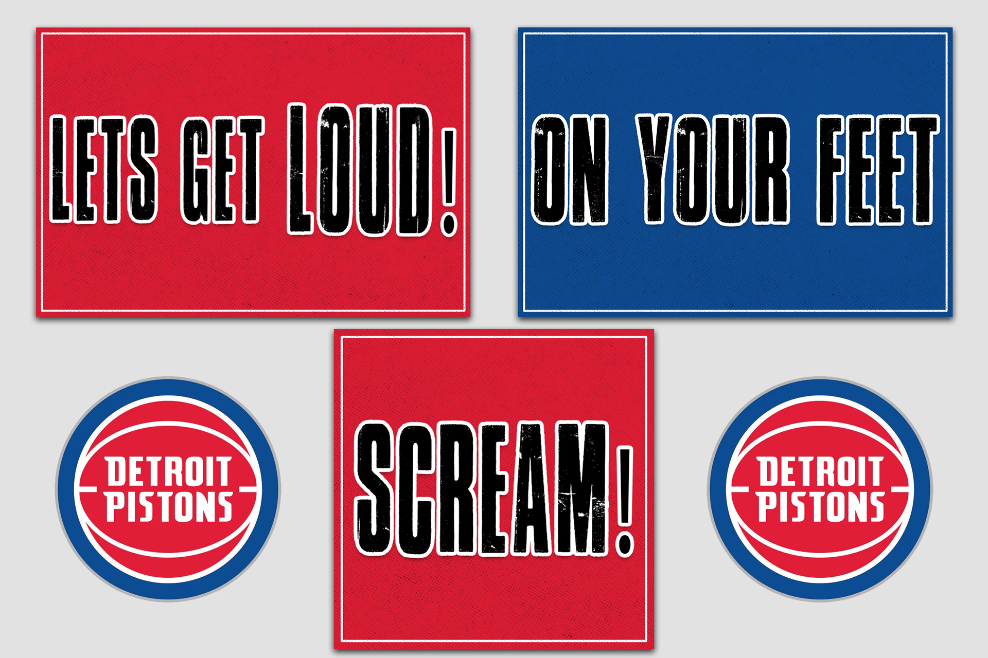 Detroit Pistons crowd engagement signage designed for in-arena use, including handheld signs and branding elements.