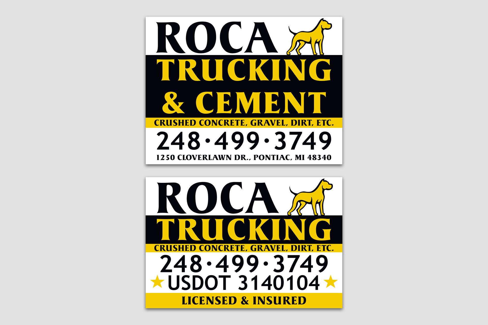 Yard signage and magnetic vehicle graphics prepared for commercial print production.