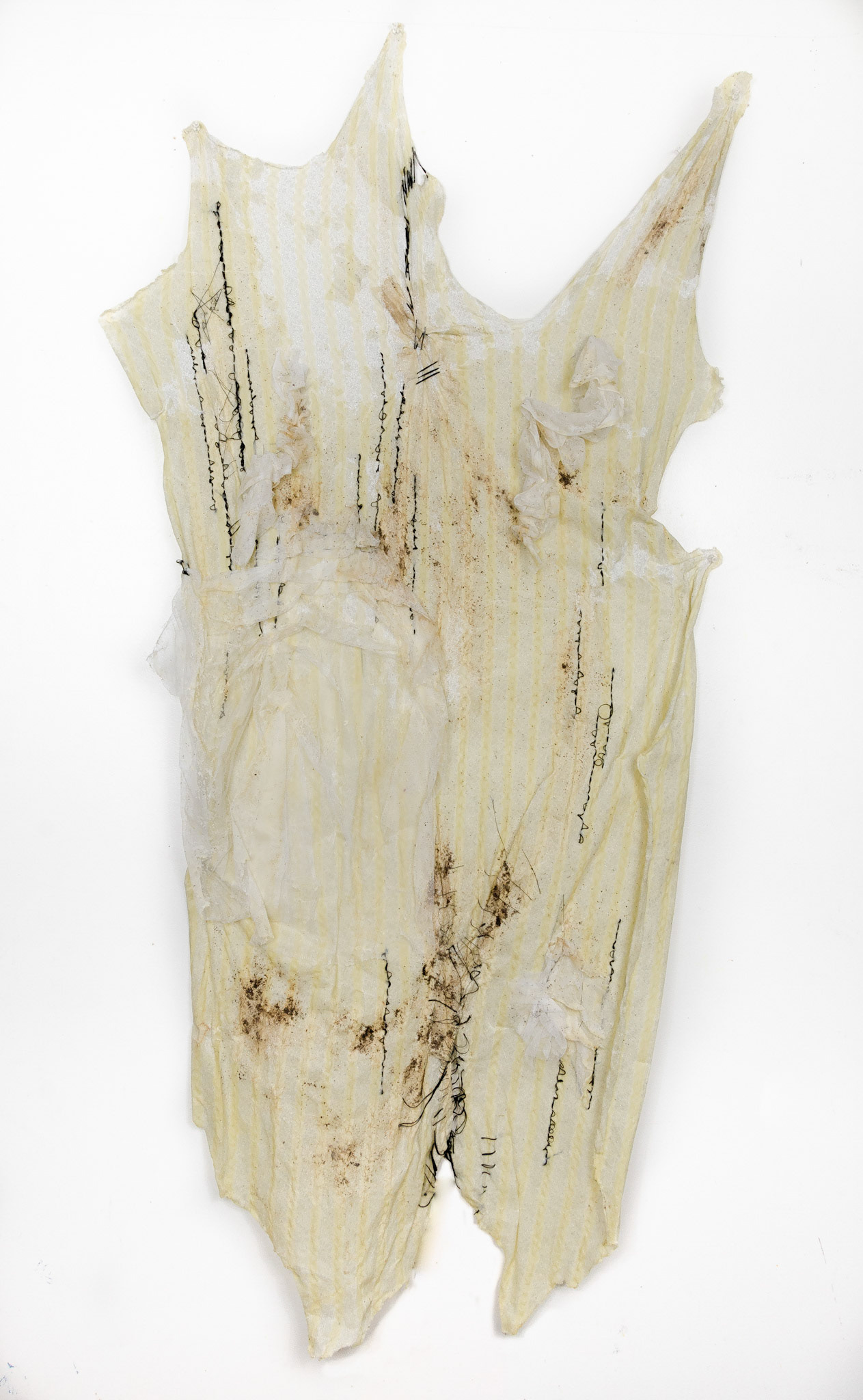 Stretched (2019), 36"x60", Fabric, Beeswax, Coffee Grounds, Thread, Tulle