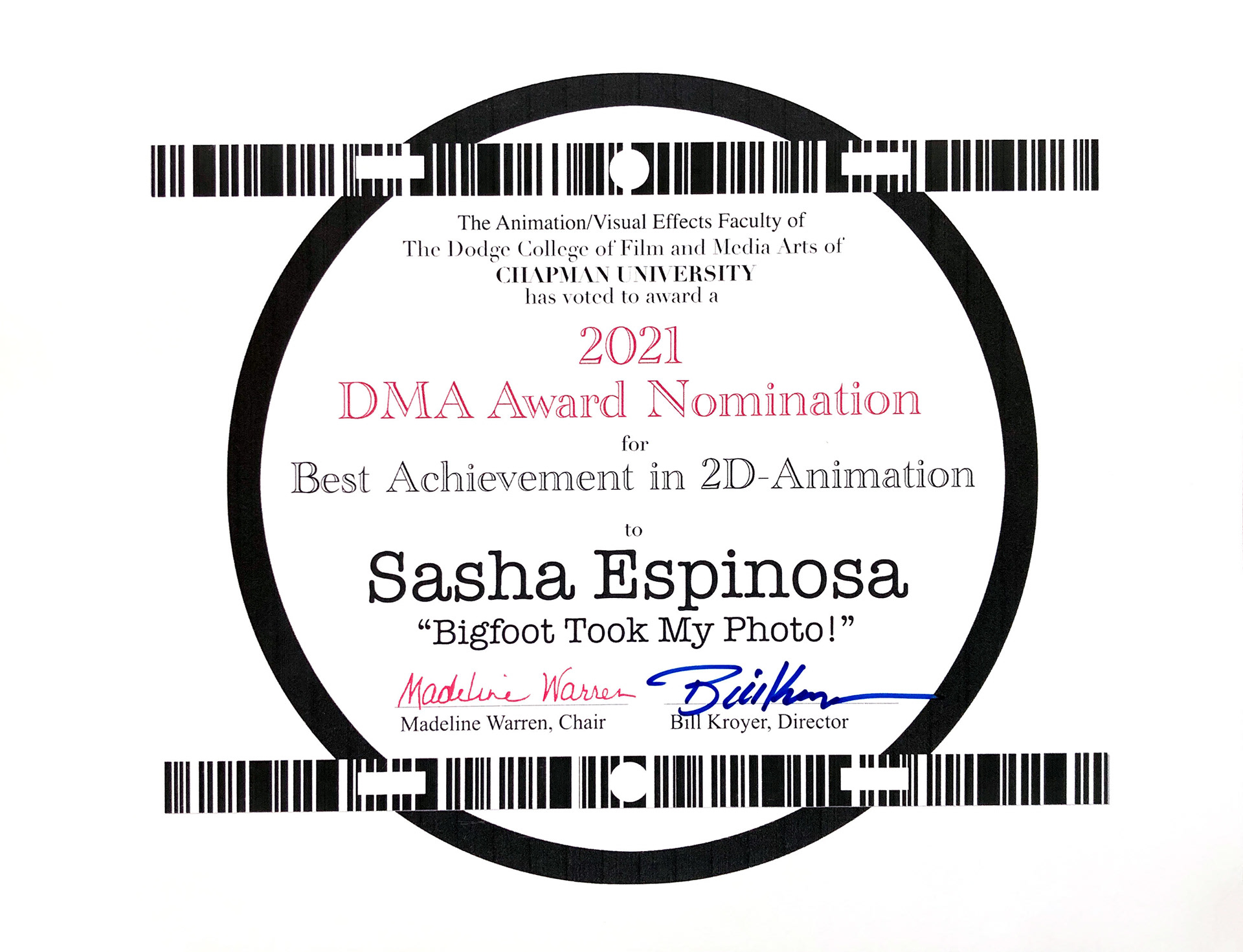 Dodge College DMA award for Best achievement in 2D-Animation