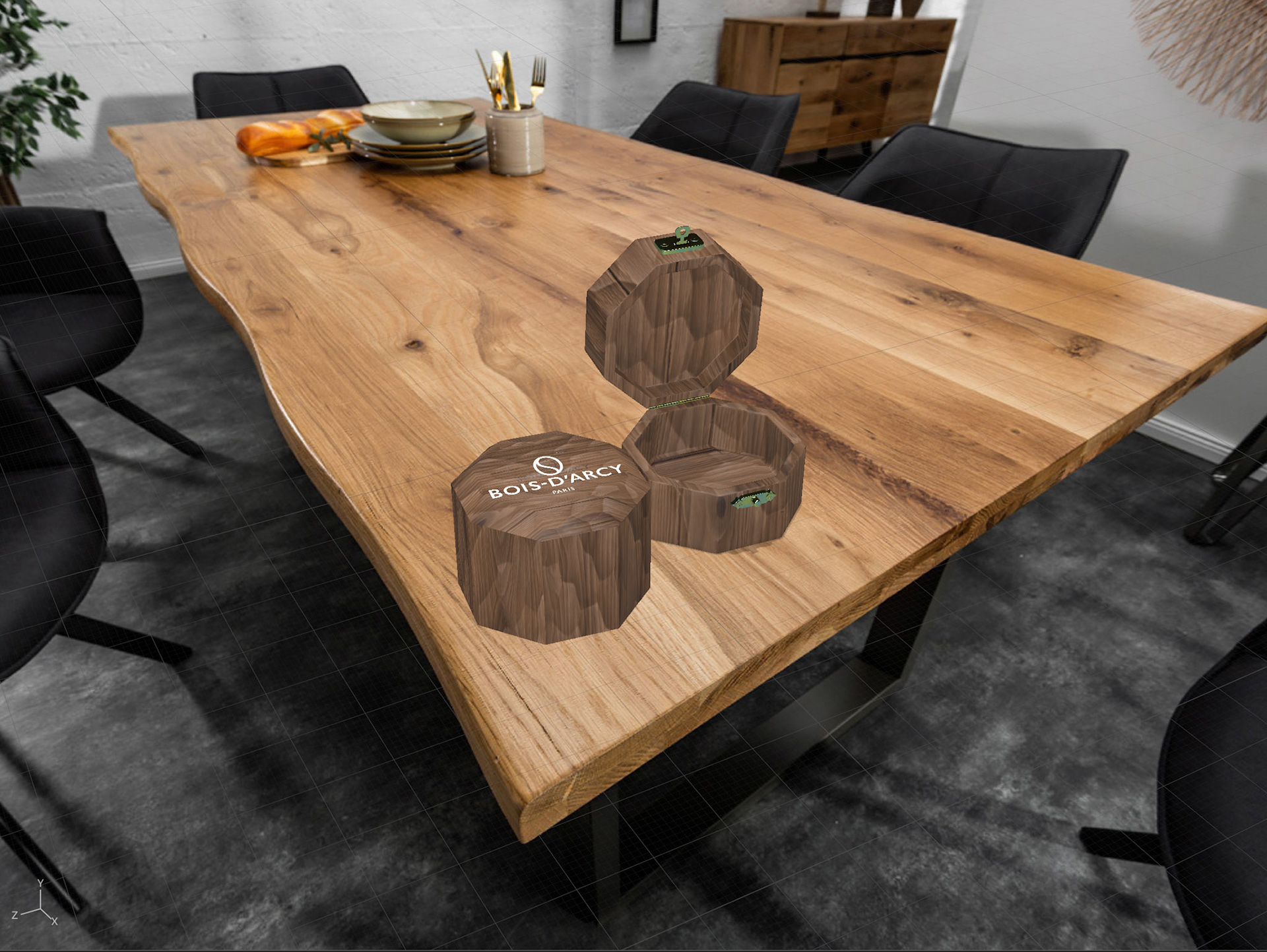 Adobe dimension: workshop qui nous a appris à poser des formes sur des object comme sur cette table avec les boites crées.