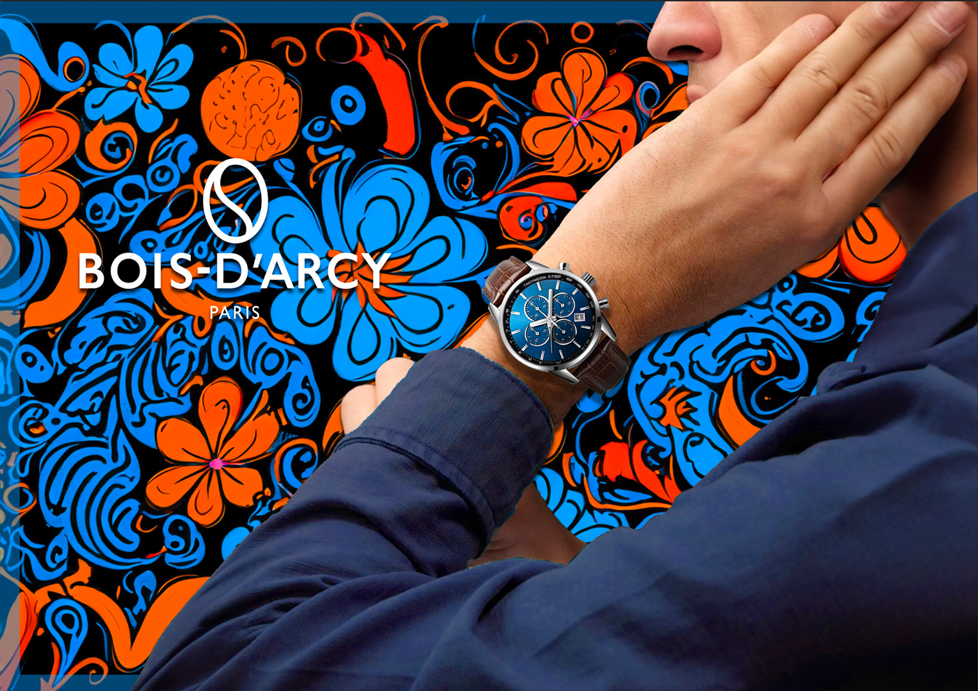 Photoshop : Dans un workshop d'école nous avons été mandaté pour faire un fond générer par l'IA, découpé une montre à placer sur un bras, générer le reste du visage, changer la couleur de la chemise et rajouter le logo à côté.