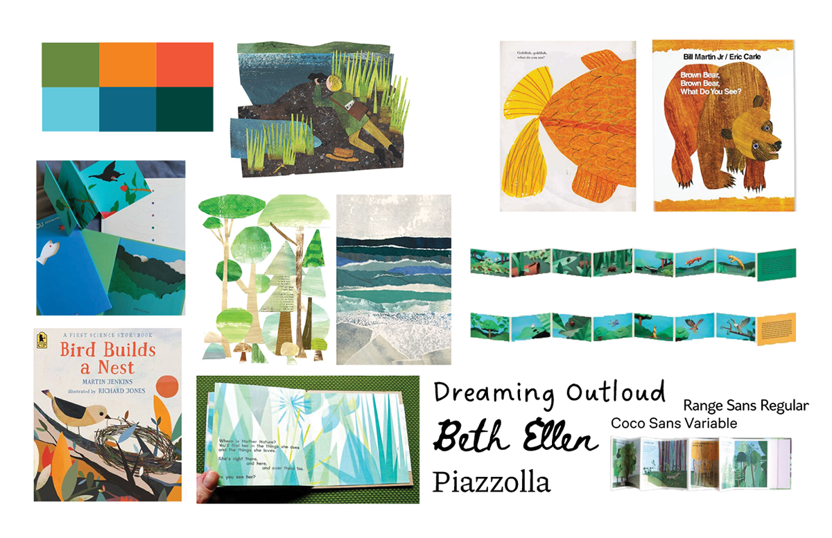 I started with my mood board. I used images and children's books covers that inspired me. Some of the featured illustrators are Eric Carle, Lois Ehlert and Richard Jones.