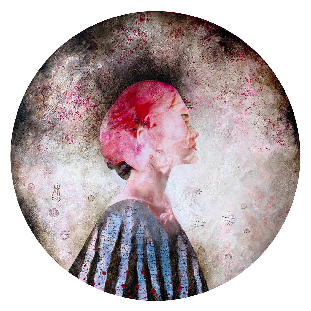 Pink journey 60 cm diameter mixed media on canvas 2023