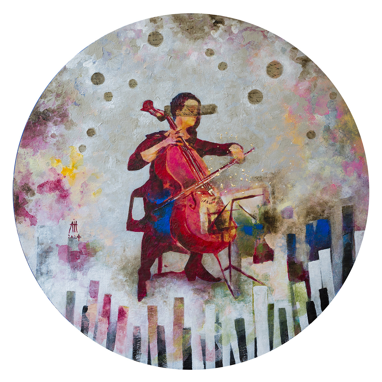 Cello 60 cm diameter mixed media/canvas 2024
