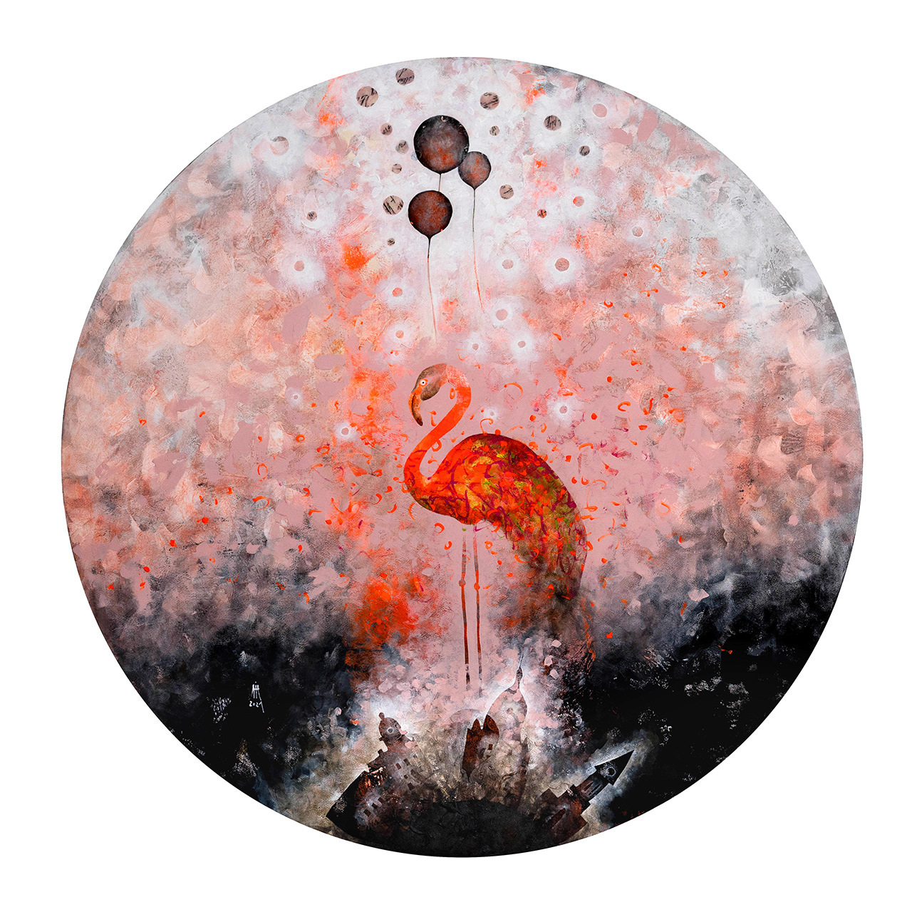 Flamingo mixed media/canvas 1m diameter 2021