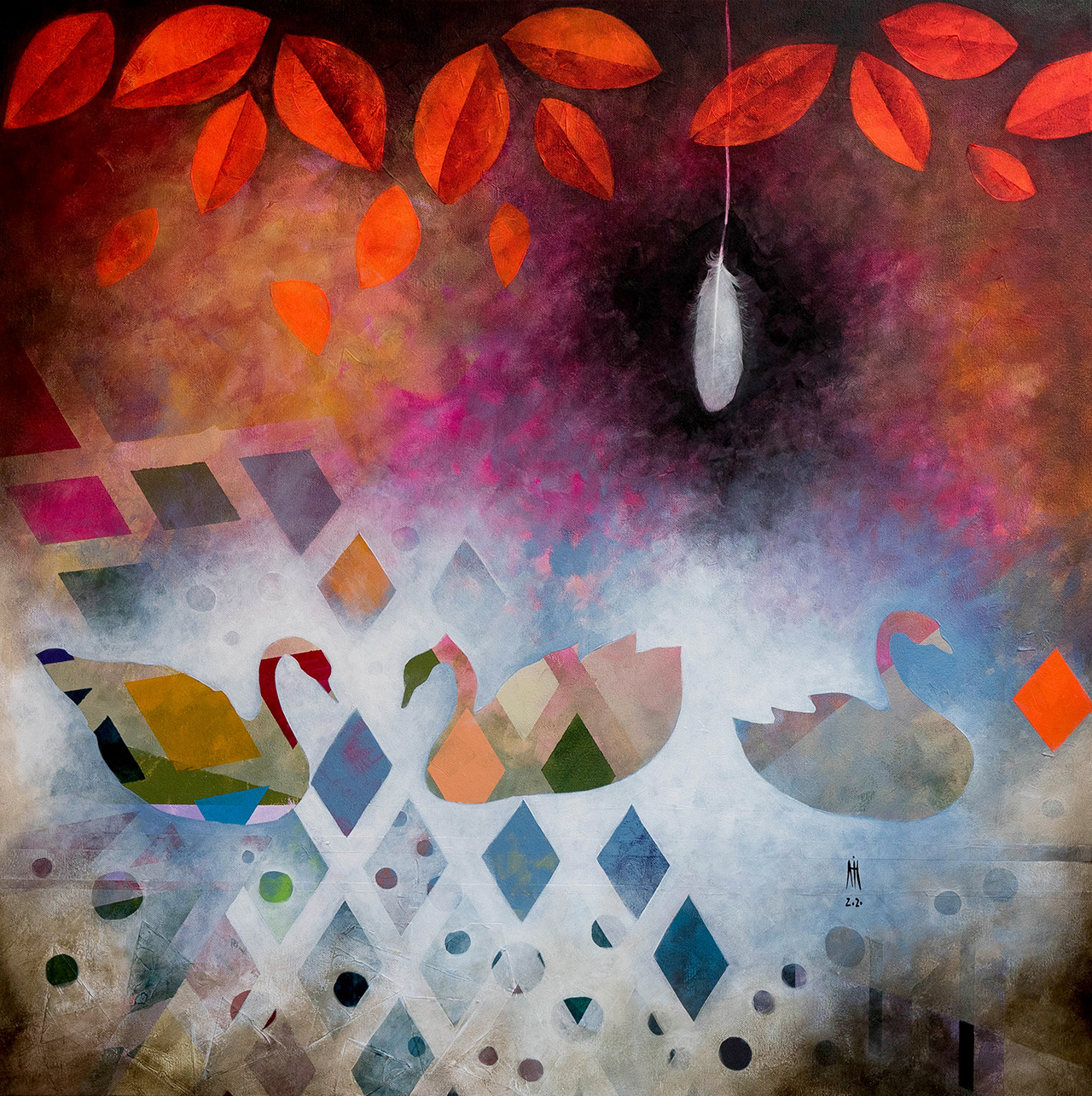 Three swans - mixed media/canvas 90cm/90cm 2020