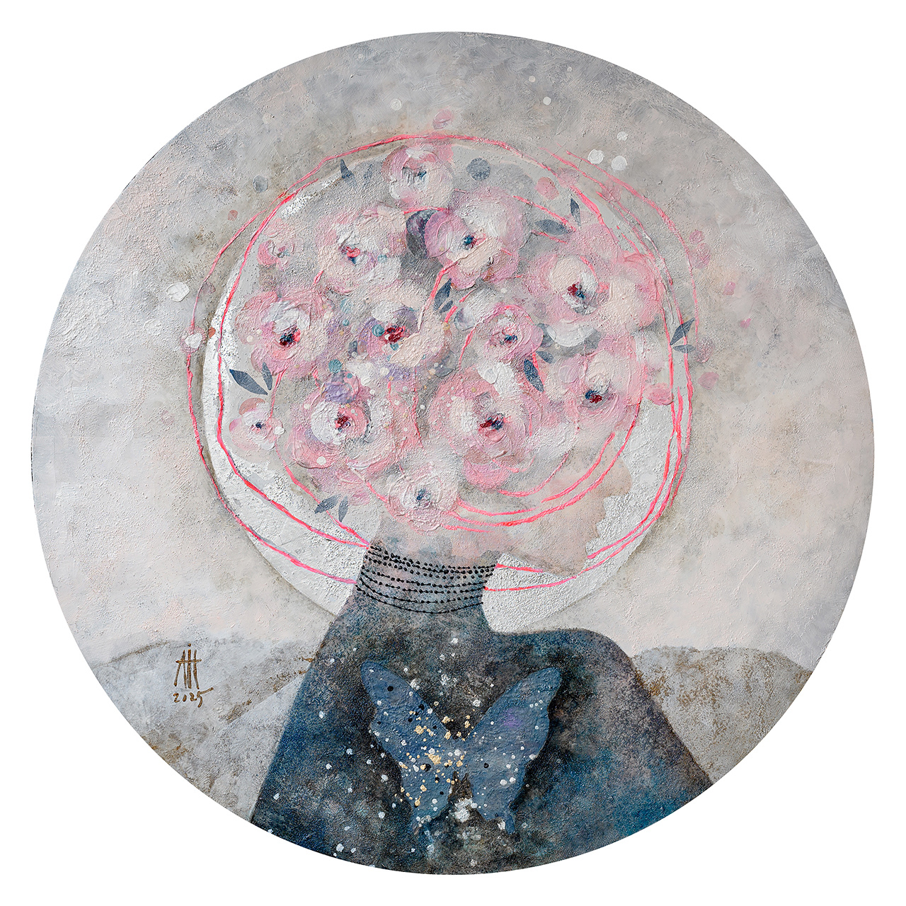 Delicate pink romance mixed media on canvas 60 cm diameter 2025