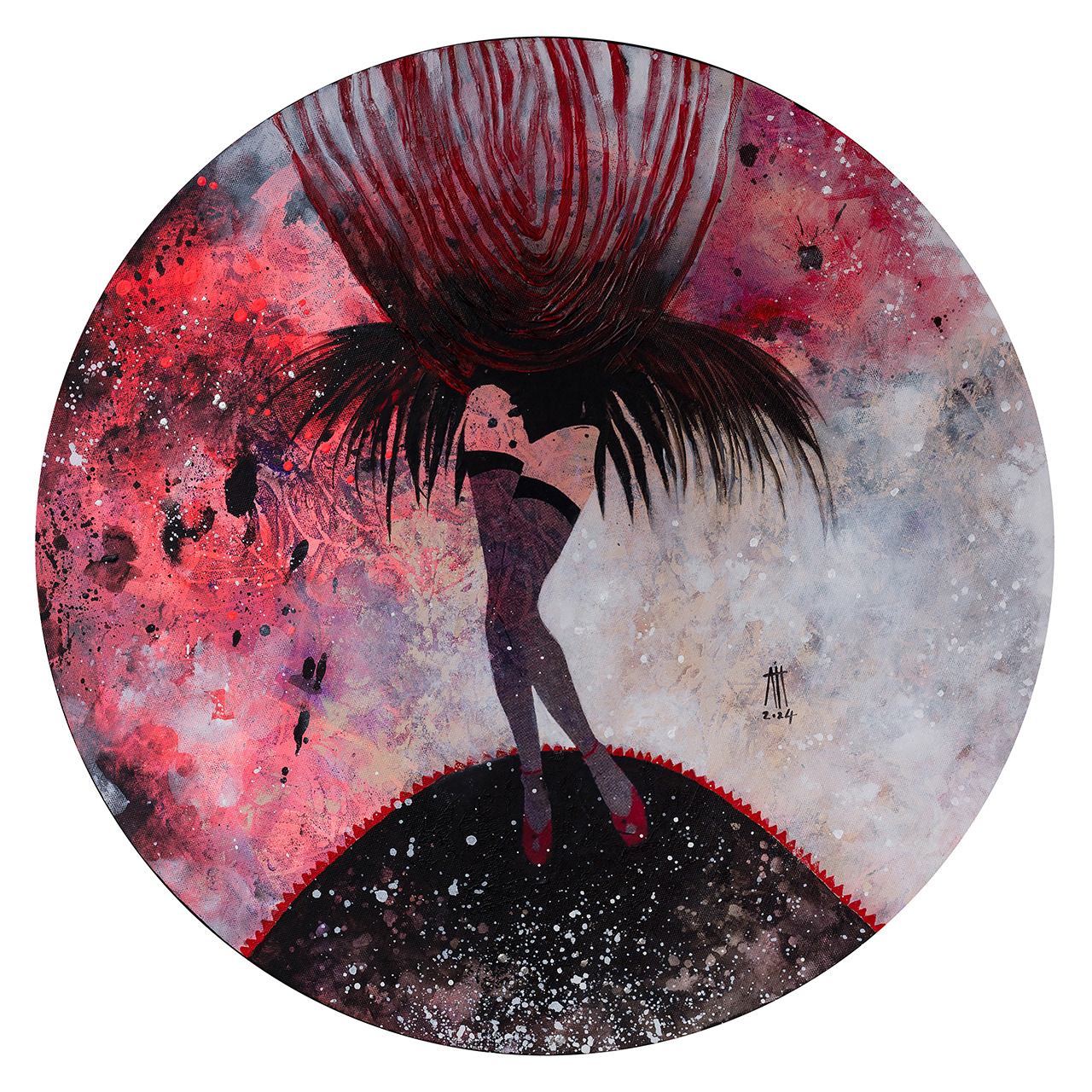 Moulin Rouge Red light 60 cm diameter mixed media/canvas 2024