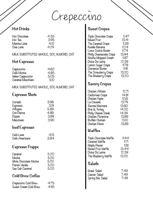 Crepeccino is an actual restaurant in San Antonio, Texas. I was experimenting with scale, placement, alignment, and type style to create this menu.