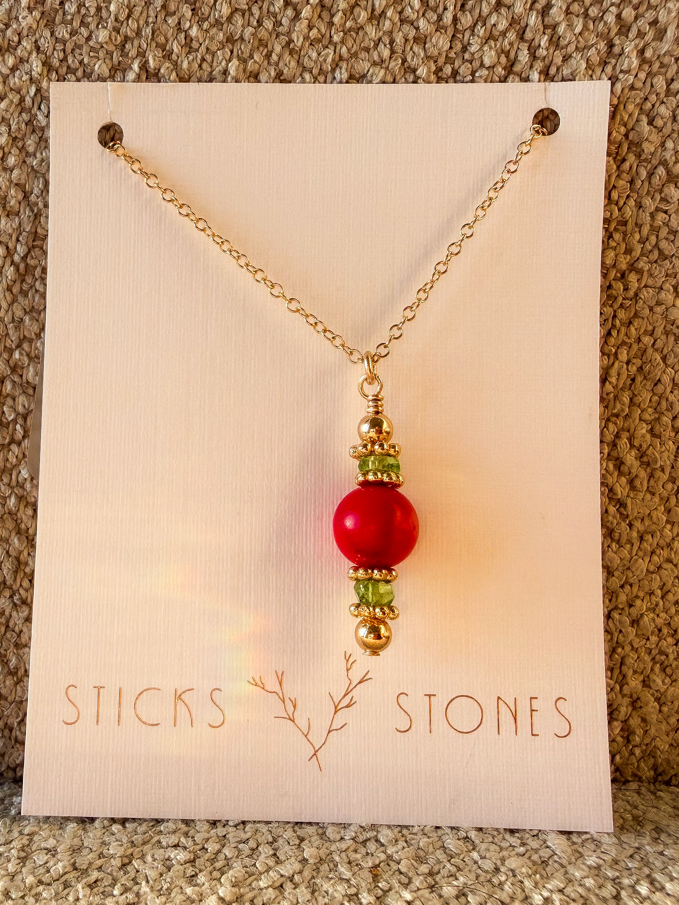 104 Peridot Red Coral Necklace $90 