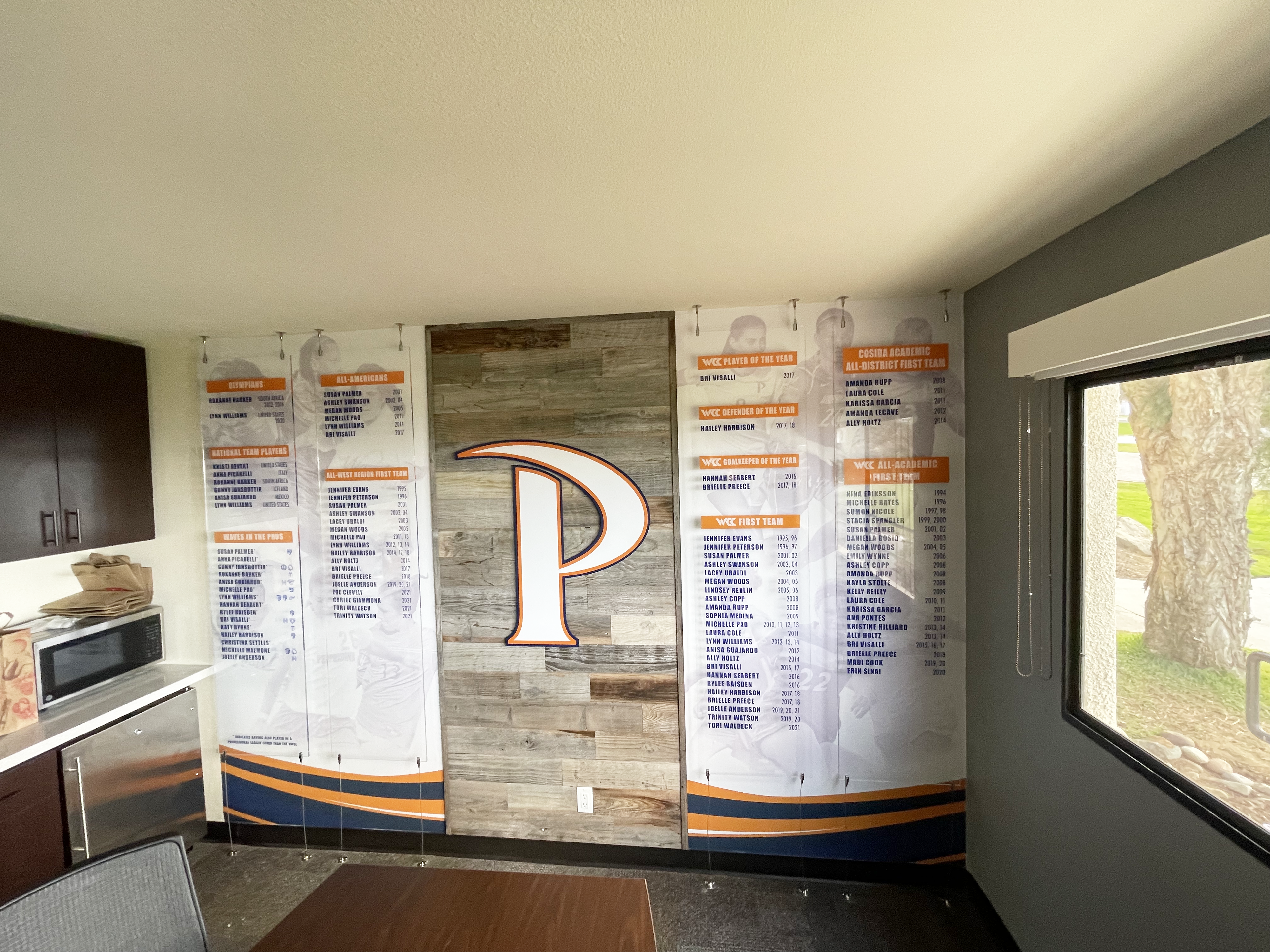 Women's soccer locker room accolade wall