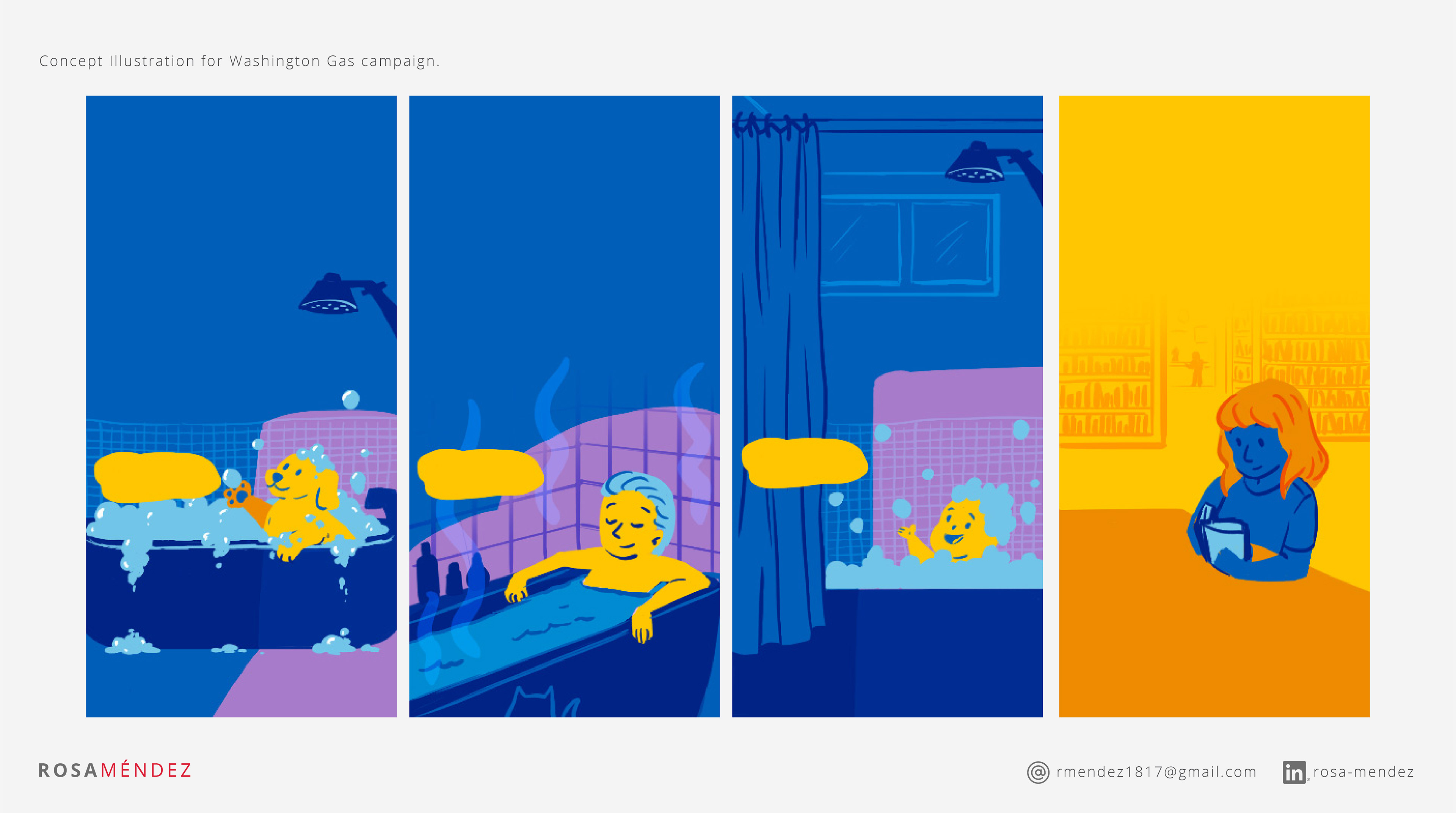 Concept work using just the brand colors and flat style illustration was proposed for the digital ads campaign for Washington Gas.