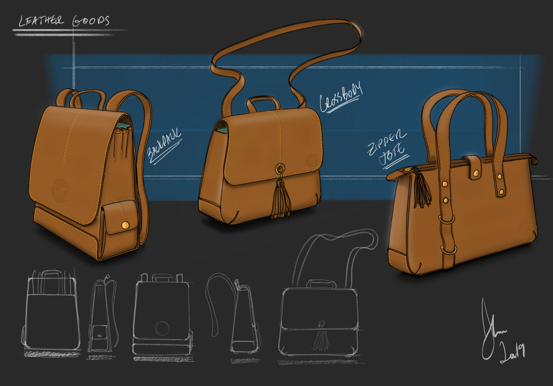 Sketchbook on iPad // Explored some leather bag concepts