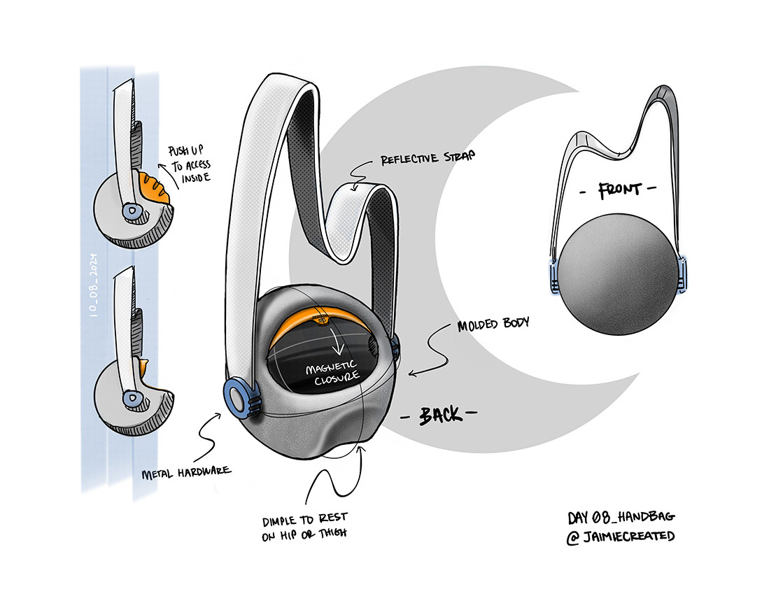 Sketchbook on iPad // Productober sketching challenge - the prompt was handbag. I sketched a few basic shapes (circle, oval, square), then decided to base the handbag silhouette on the circle and worked from there. Was thinking about astronauts and space stuff today, so they made their way into this handbag concept