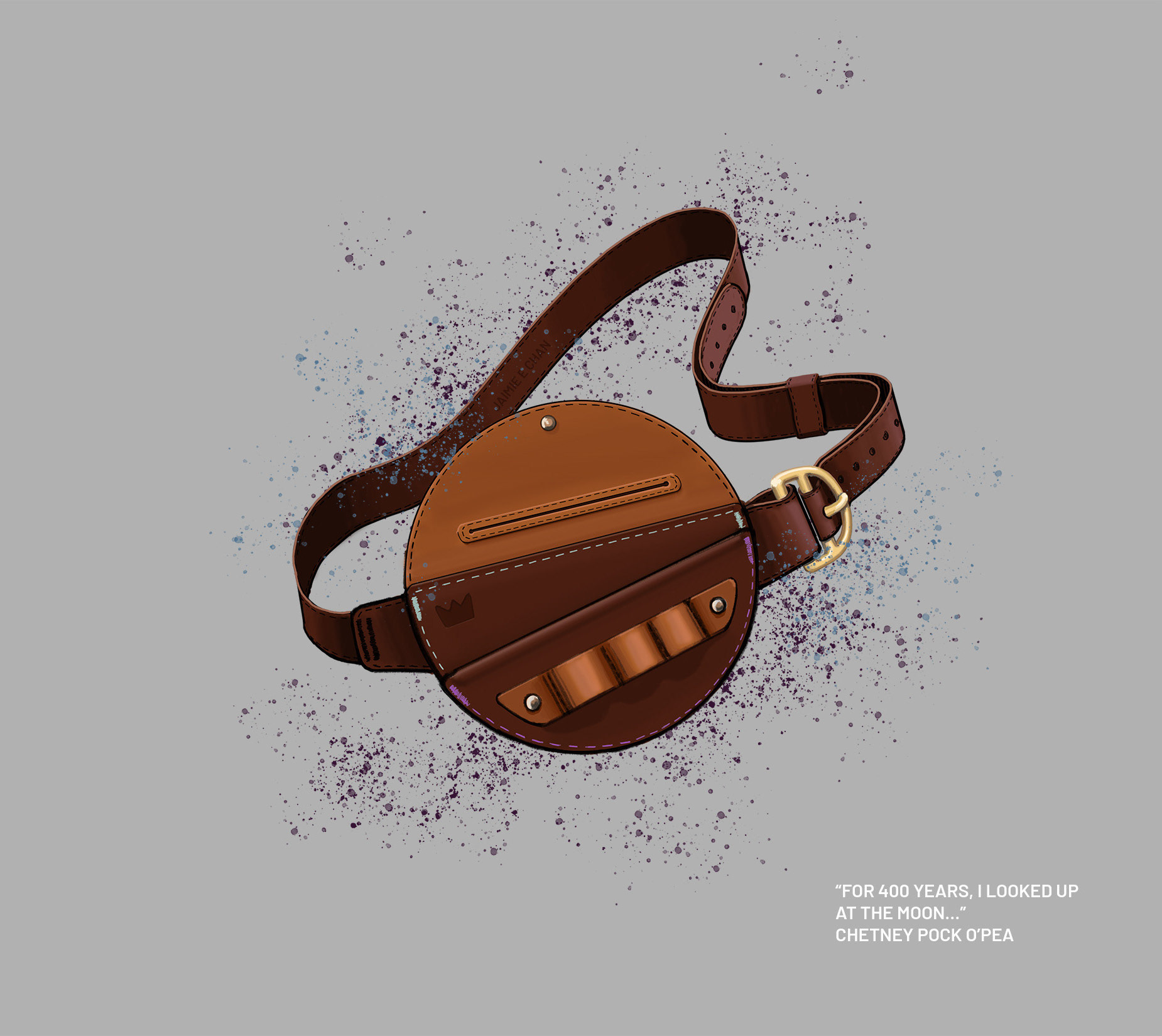 Photoshop // Inspired by an episode of Critical Role, I designed a Leather Crossbody Bag of Holding for Chetney Pock O'Pea. What is a Bag of Holding? A magical bag that has interior space much larger than the dimensions of its exterior. Chetney is an elderly gnome werewolf, who loves woodworking. I imagine he'd wear it as a fanny pack or crossbody style depending on if he is in gnome form or in werewolf form. When the bag is opened up, the silhouette is moon-shaped.