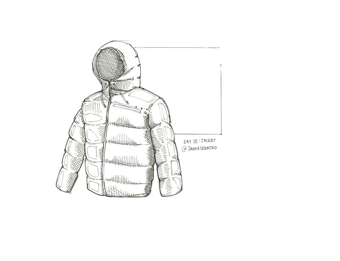 Analog (pen) // Productober sketching challenge - The prompt was jacket. I referenced the Rains Alta Puffer Jacket for day 28