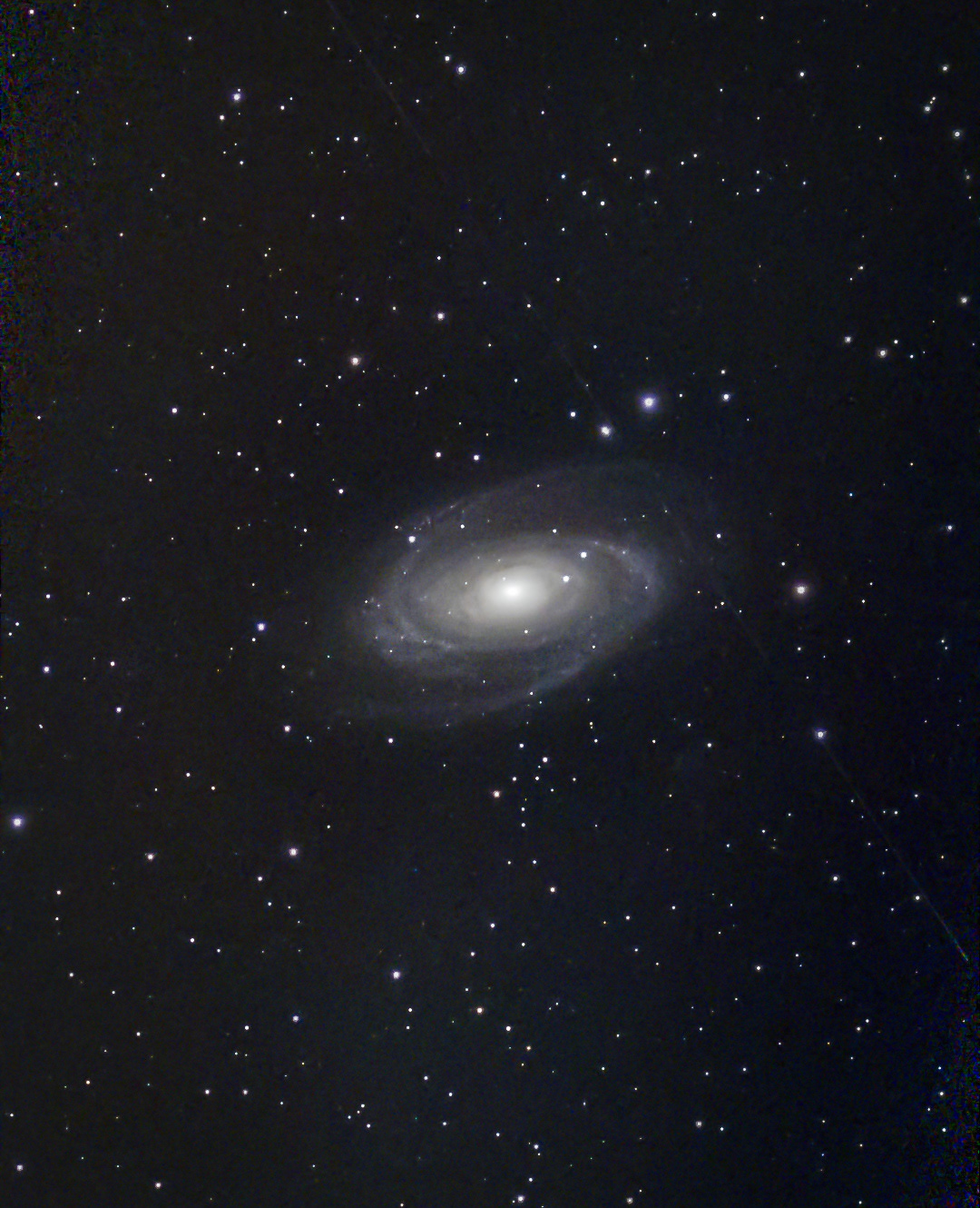 Bode’s Galaxy (M81) captured under less-than-ideal conditions—thin high clouds and reduced transparency softening the view. Still, 60 minutes of stacked exposures reveal a rewarding result. Little River, South Carolina • Seestar S50 • March 19, 2026