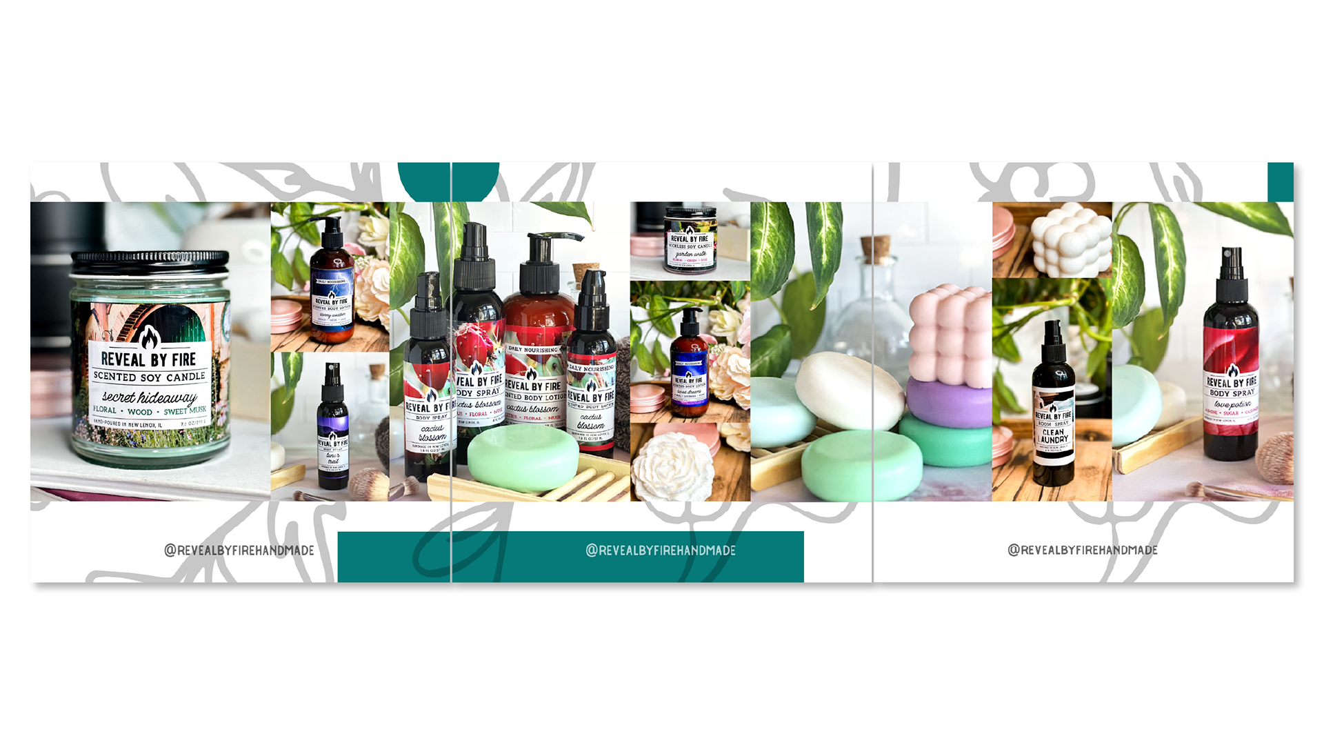 Examples of a social media carousel showcasing my product photography for Reveal By Fire.