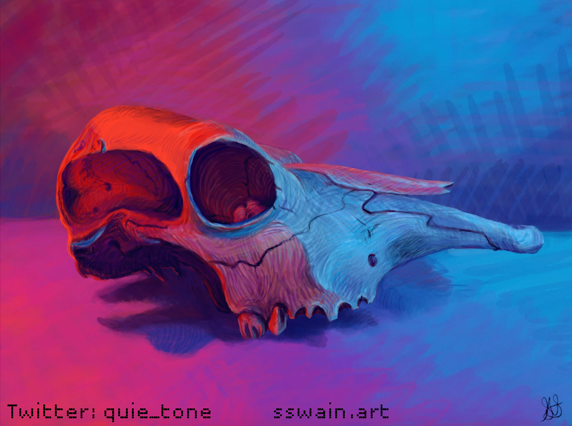In this painting, a deer skull (at least I think it is a deer skull) is lit from behind by a powerful red orange light and from the front by a pale blue light. The deer skull is in profile to the viewer and the rough crosshatching of the transparent brush strokes make it clear that this painting is digital.