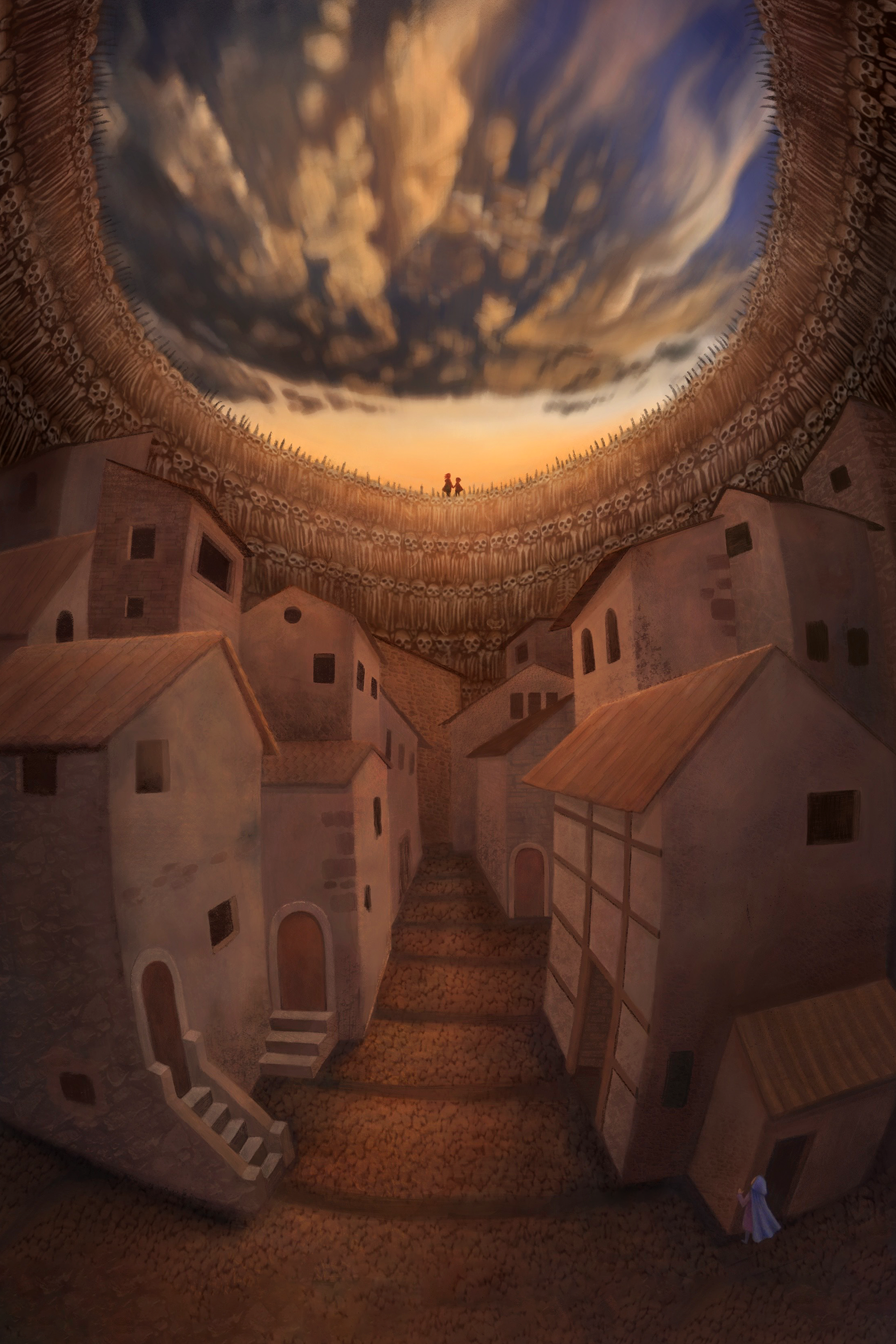 In this painting is a old looking stone city surrounded by a enormous wall that appears to be constructed on bones. The sun is setting behind the stone wall and the clouds appear to be ablaze. Two small figures stand on the wall silhouetted against the sky. In the foreground, a small figure in a blue cloak peeks out from behind a building, looking up at them. 