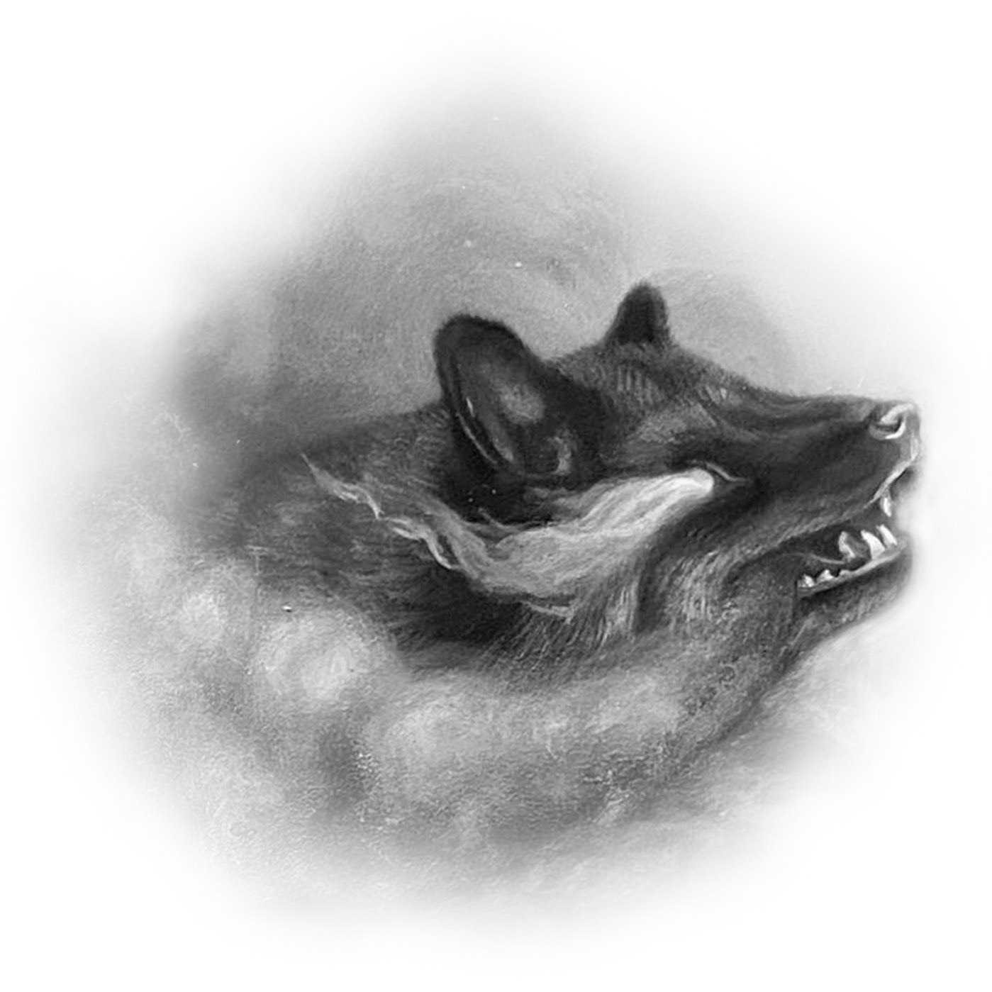 Alt Text: A black and white spot image shows the head of the wolf from Alexis Trice's painting "I've Been Told It Could Be Worse" on a white background. The wolf's eye emits flames. Smoke gathers around him in a halo that fades into the white.