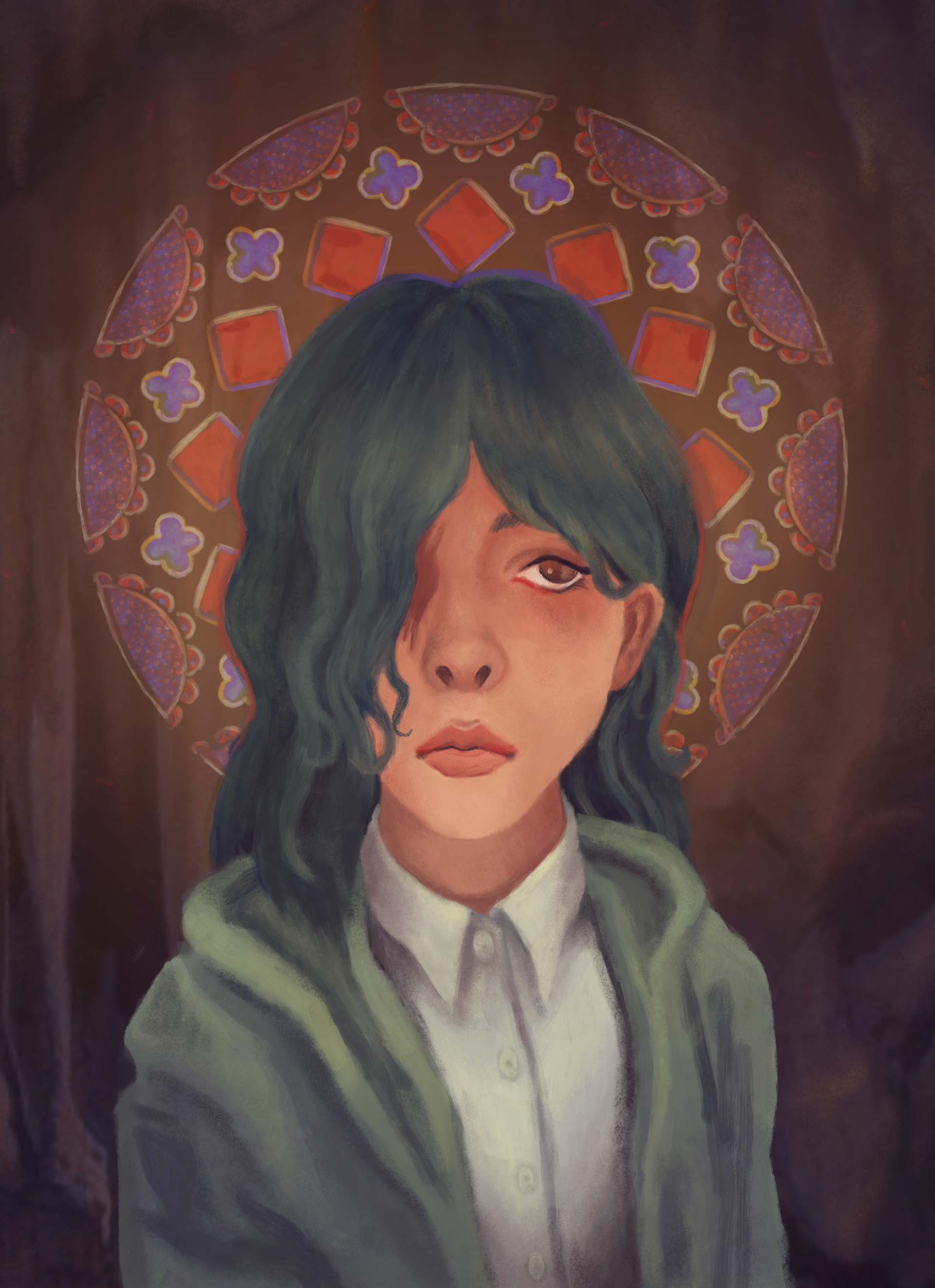 Alt Text: Painting of a light-skinned girl with blue hair and brown eyes. She wears a teal cloak over a collared shirt. Behind her is a dark cave-like background. Her head is encircle in a stained glace halo which seems to float just behind her.