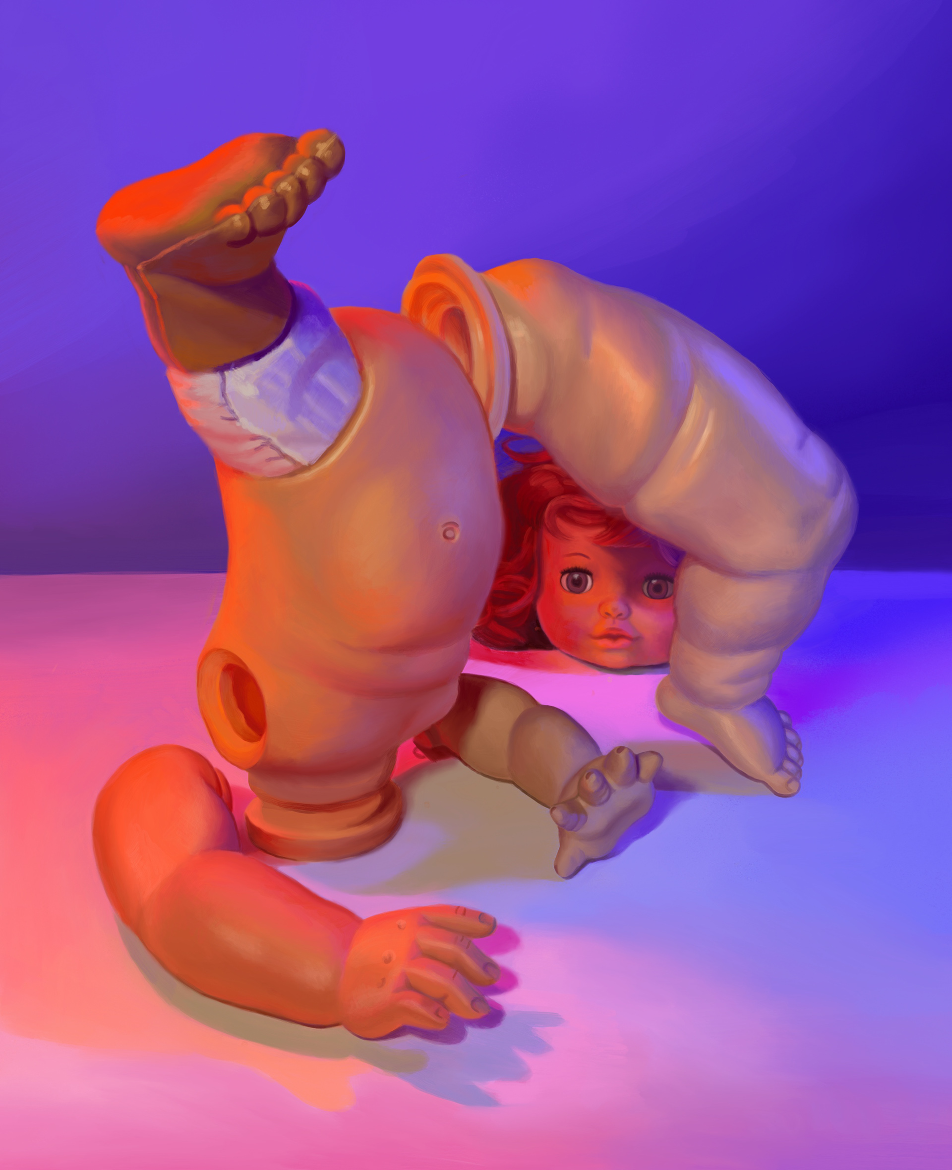 In this very realistic painting numerous disembodied baby limbs have been formed into a still life.  A foot protrudes from an upside-down torso, a fat baby leg leans against the same torso. two mismatched arms lie on the ground reaching towards the viewer and, in the window formed by the torso and leaning leg, a doll head with curly hair stares at the viewer. The whole painting is oversaturated as if the still life was lit with neon lights of orange, purple, pink, and blue. 