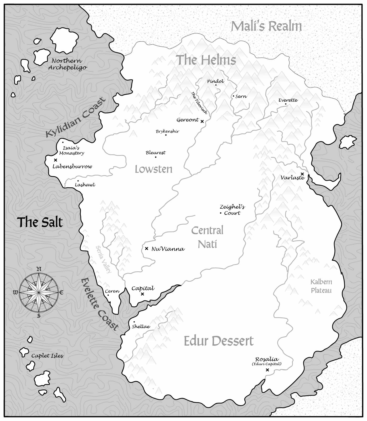 Image shows a black and white fantasy world map. There are islands, mountains, rivers, and a winding coastline. A compass is placed to the left of the main land mass over the sea. 