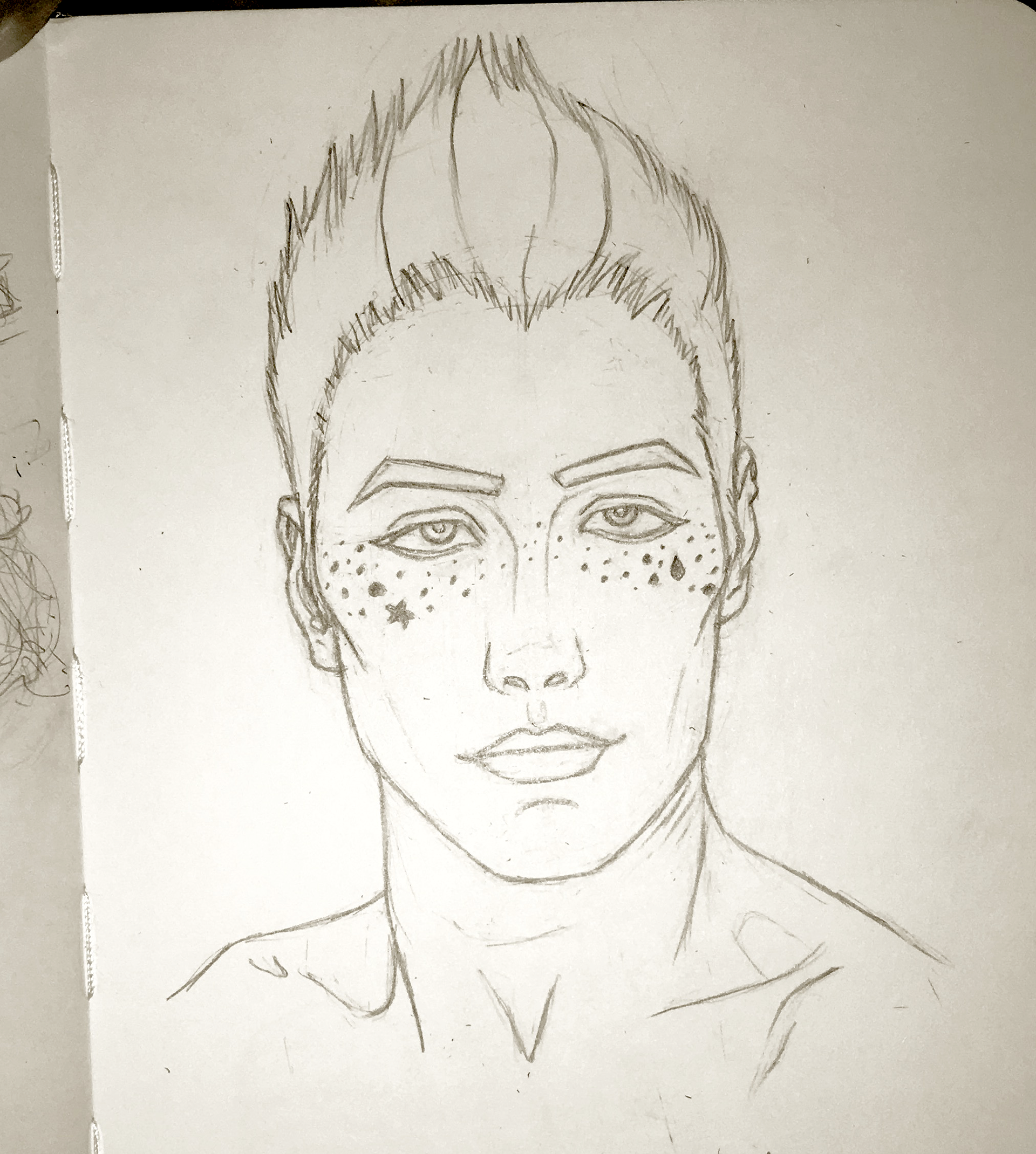 In this pencil sketch, a man stares at the viewer. He has short spiky hair and thick eyebrows. His cheeks and nose are speckled with freckles. On his right cheek is a small star and on his left cheek is a teardrop. His lips are full and his eyes are almost sleepy, like bedroom eyes. His neck, muscles and clavicles are prominent and it appears as if he is not wearing a shirt. 