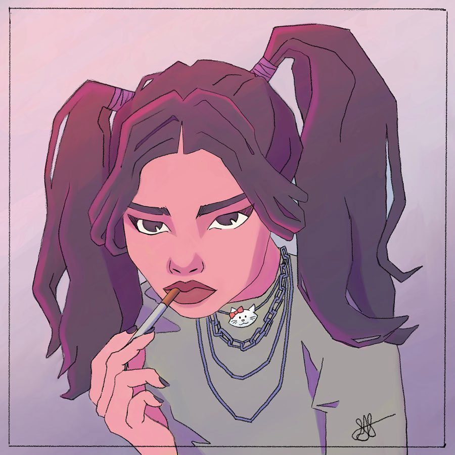 This cel-shaded artwork shows a girl with a cigarette in her mouth. She looks fed-up and bored. Her hair is black and in two high ponytails. She wears a green shirt over which is a Hello Kitty necklace and several silver chains. A pink light illuminates her from above.