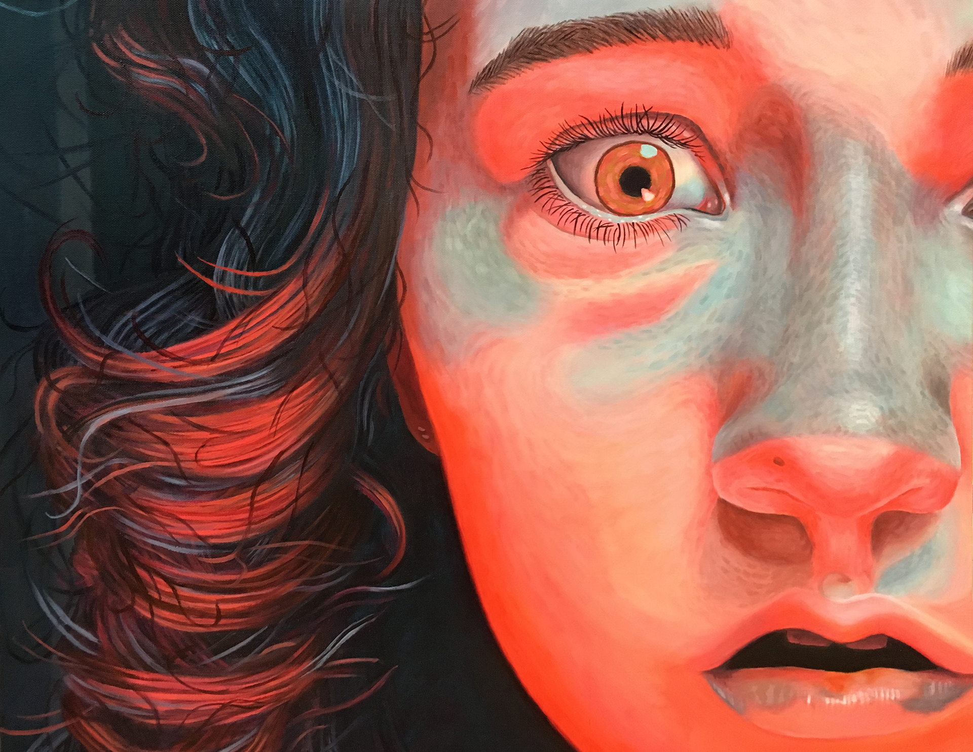 In this fairly realistic painting a woman's face is lit from the bottom by red orange light and lit from the top by pale blue light. The woman's eye glows orange and she stares at the viewer with a fearful-surprised expression.  The woman has curly hair and a light skin-tone. The right half of her face is not on the canvas.