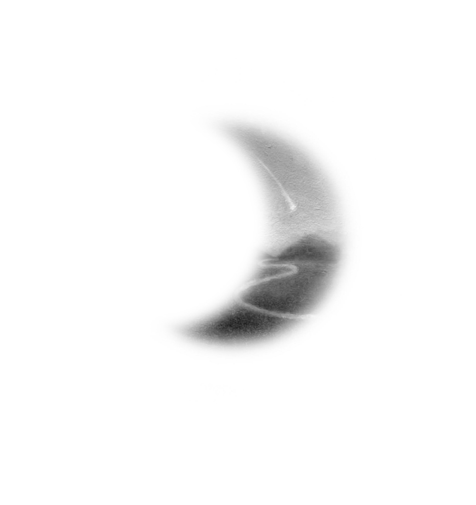 Alt Text: Image shows a black and white spot image isolated from Alexis Trice's painting "Heaven's Falling." In the image a shooting star falls towards a landscape with mountains on the horizon and a winding river in the foreground. Both sky and land fade into the white background in a crescent-moon pattern..