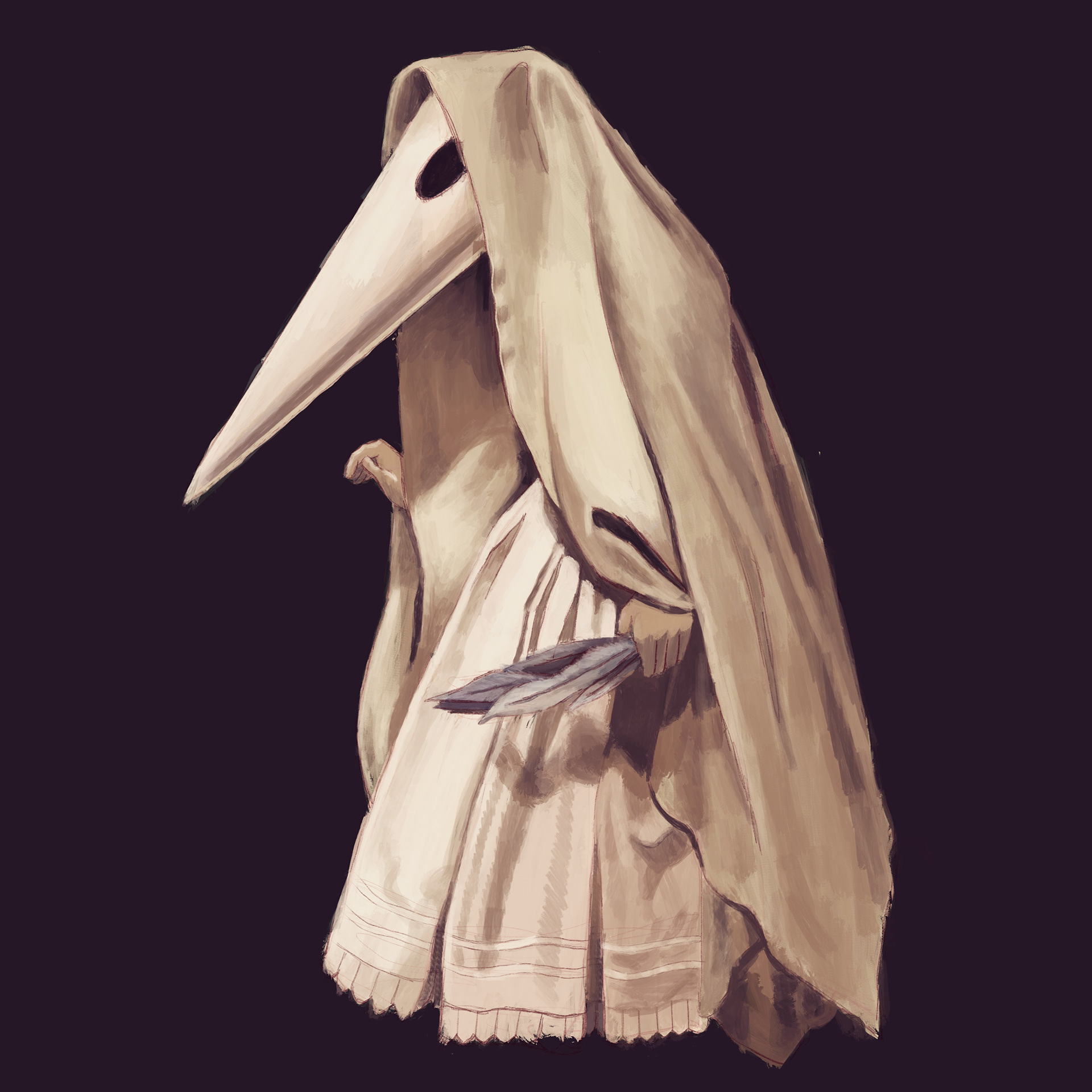 This monotone painting shows a plague witch figure. The figure wears a long white cone-shaped mask with a gaping black eye hole. A cloak covers the top of the mask and partially obscures the figure. The front of a long skirt is visible and the figure hold a bunch of feathers in one hand. 
