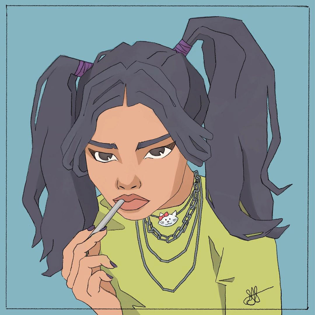 This cel-shaded artwork shows a girl with a cigarette in her mouth. She looks fed-up and bored. Her hair is black and in two high ponytails. She wears a green shirt over which is a Hello Kitty necklace and several silver chains. The background behind her is blue. Unlike the first image, this one is less colorful and more flat-looking. 