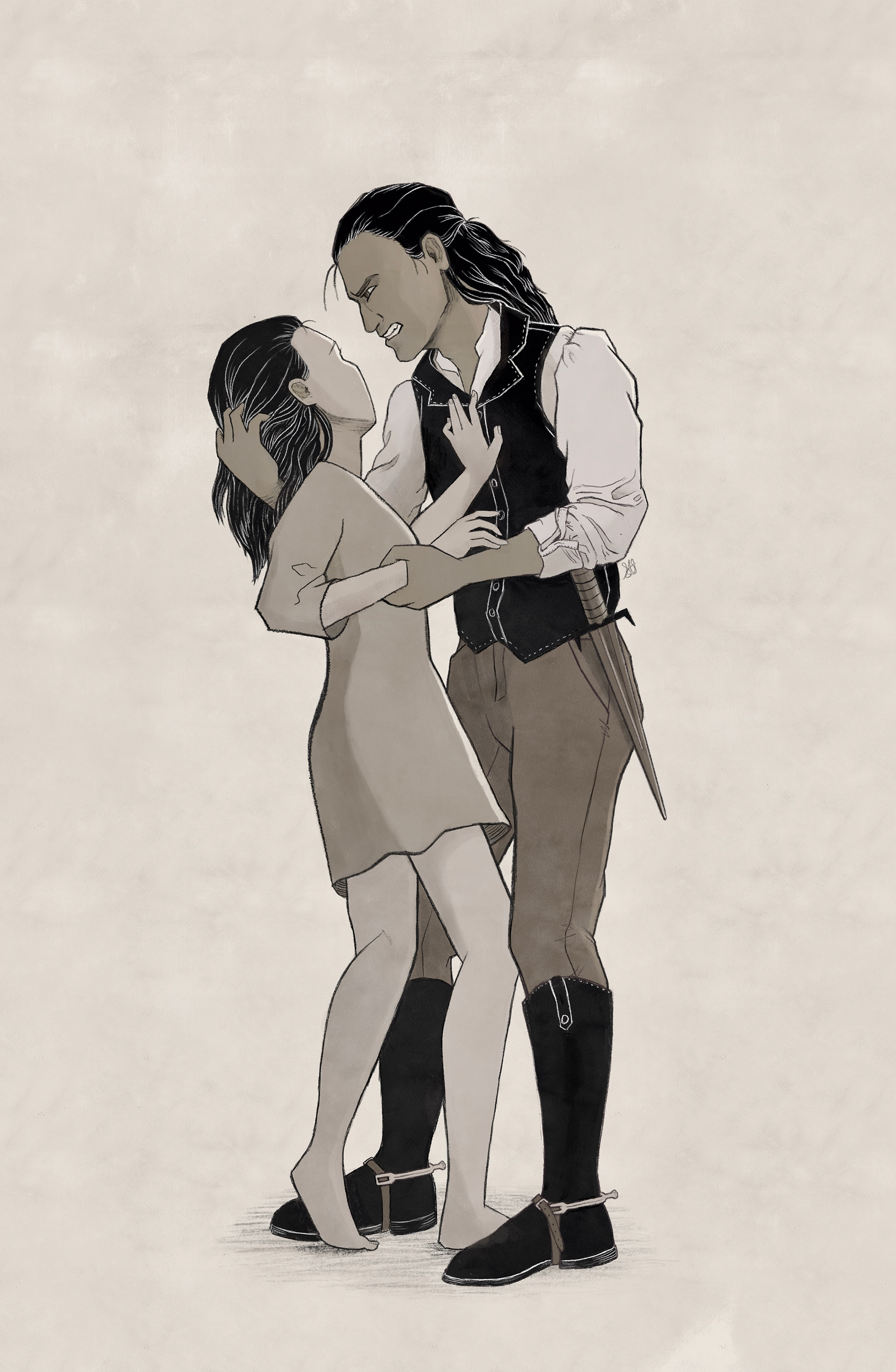 Cel-shaded black and white drawing show a man and a girl standing together against a white background.  The girl is turned away from the viewer and slightly off-balance. The man stands over her grabbing her arm with one hand and pulling her hair with the other. The girl has her free hand braced against his chest. He looks angry with teeth bared. The girl wears a simple smock dress and is barefoot. The man wears a black vest over a white shirt with tight riding pants and high black riding boots. At his hip is a dagger in its sheath. 