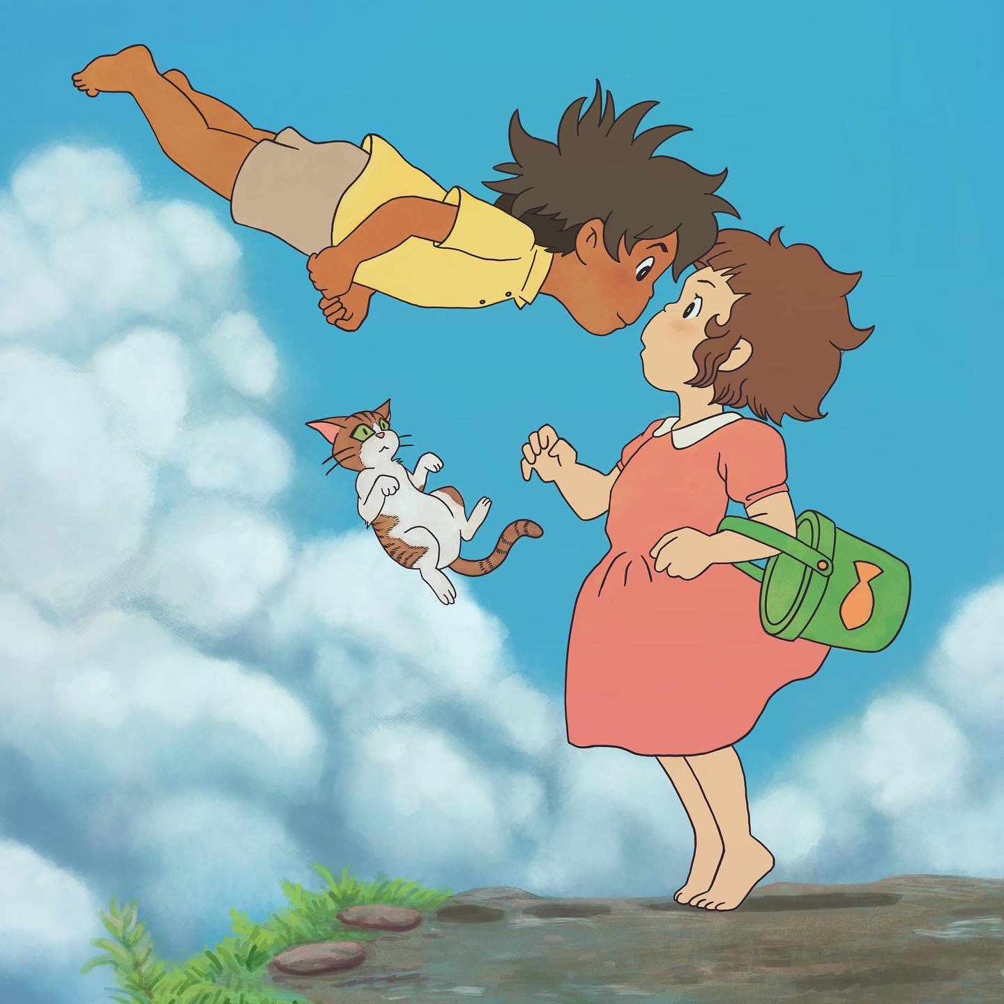 In this painting based on a scene from Studio Ghibli's Ponyo, a boy with medium-dark skin floats over a girl with light skin, his face inches from hers. The girl wears a surprised expression and looks as if she has just taken a step backwards. The boy wears a yellow polo and khaki shorts. The girl wears a pink dress with a white colar and has a green plastic bucket over her arm, the side of which is decorated with a simple orange fish. A brown and white cat floats beneath the boy and looks unhappy to be in the air. Behind them are fluffy cloud and under the girl's feet is sparse green grass. 