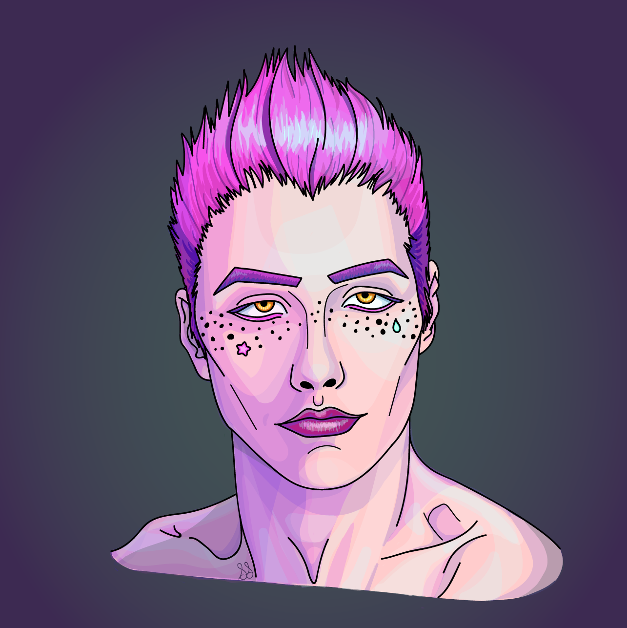 In this cell shaded artwork, a light skinned man stares at the viewer. He has short spiky hair that is pink on the top and purple on the sides. He has thick pink eyebrows and eyes that are strikingly yellow. His cheeks and nose are speckled with freckles. On his right cheek is a small pink star sticker and on his left cheek is a blue teardrop sticker. His lips are bright pink and shiny as if he is wearing lipstick. His neck, muscles and clavicles are prominent and it appears as if he is not wearing a shirt. It looks are if he is being lit from the side by a purple light. The background behind him is a circular gradient that fades from dark purple at the edges to a blue-green around his head. 