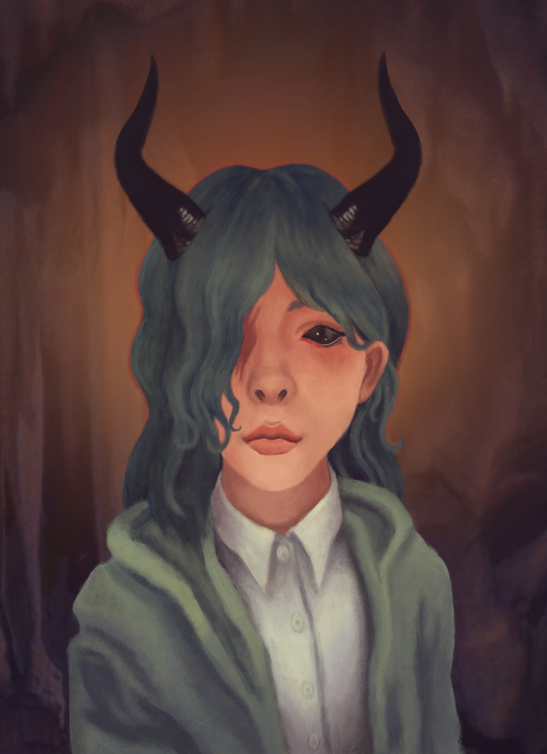 Alt Text: Painting of a light-skinned girl with blue hair and black eyes. She wears a teal cloak over a collared shirt. Behind her is a dark cave-like background. Out of her head grow two black horns.