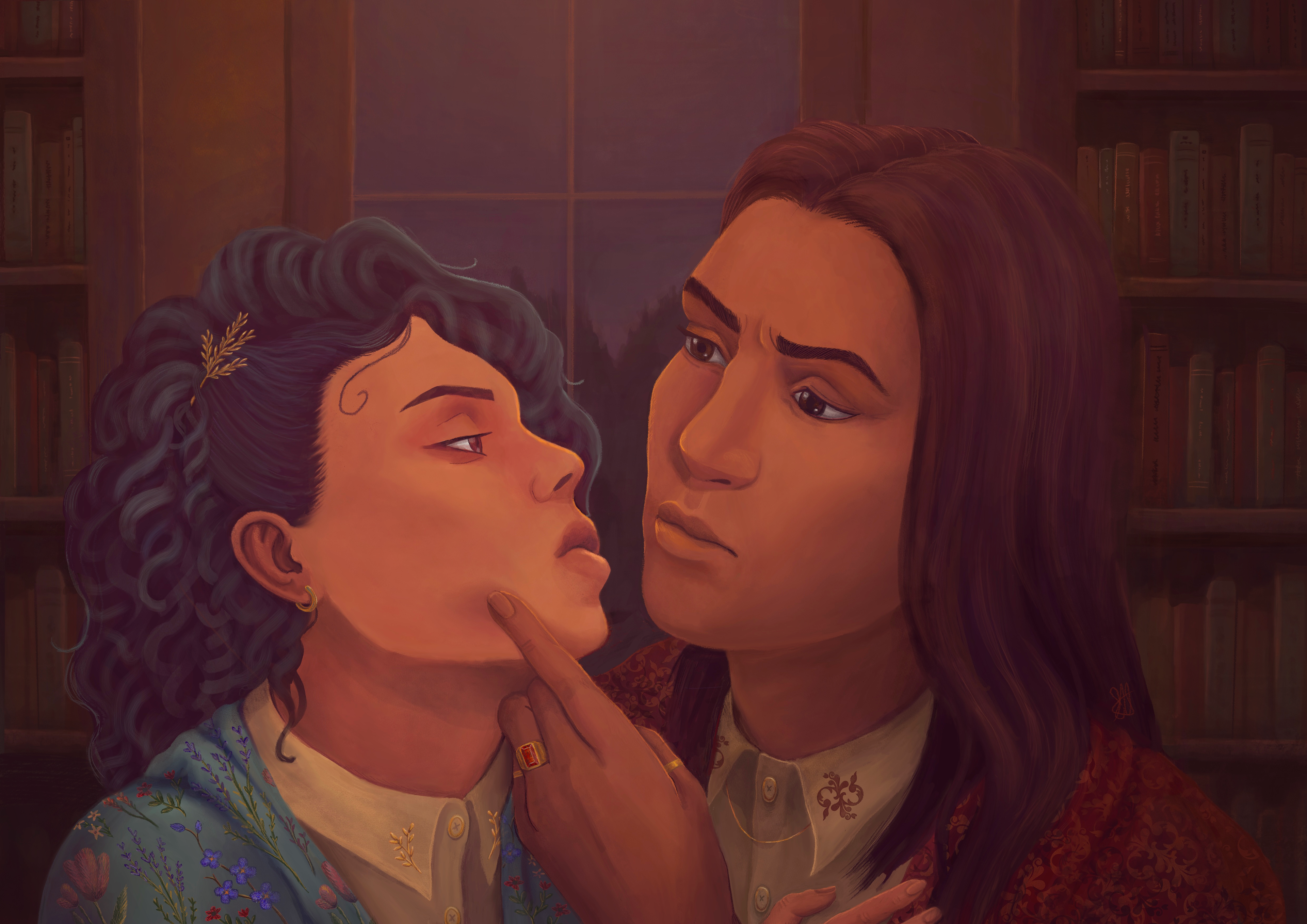 Painting depicts man with a medium-dark skin tone and a girl with a light skintone standing in a library.  The girl's hair is curly and blue. Her eyes are brown and she wears a teal cloak embroidered with flowers over a collared shirt. The man's hair is straight and purple-brown. He wears a red cloak embroidered with a leafy golden pattern. over a collared shirt. They both wear gold jewelry. The man turns the girl's face up towards his and looks unhappy. The girl has a defiant look in her eye. 