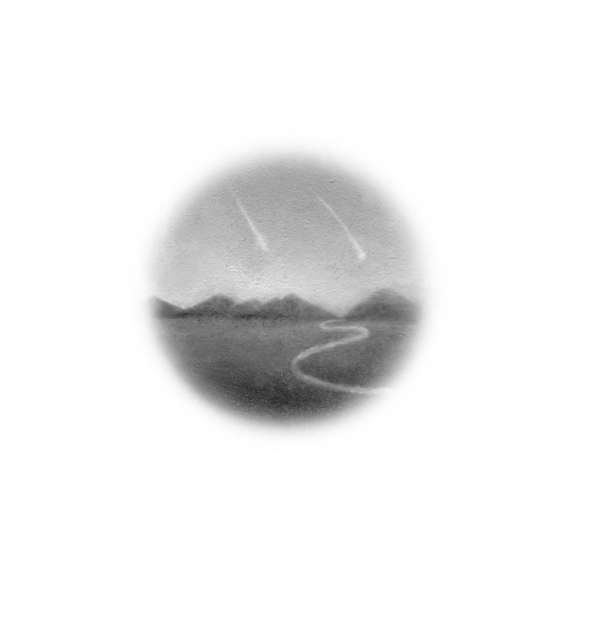 Alt Text: Image shows a black and white spot image isolated from Alexis Trice's painting "Heaven's Falling." In the image two shooting stars fall towards a landscape with mountains on the horizon and a winding river in the foreground. Both sky and land fade into the white background in a circular pattern.