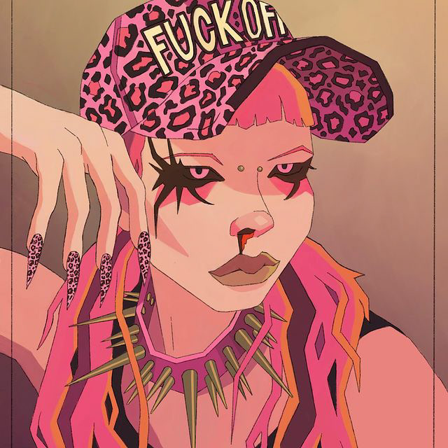 This is a cel-shaded artwork of an alternative-looking girl who wears a pink leopard print hat. Embroidered on the hat is the phrase FUCK OFF. The whites of her eyes are black while her irises are pink. She holds her hand up to her face, showing off long, pointed nails that bear the same pink leopard print as her hat. Her nose is bleeding from one nostril and she has a bridge piercing. Her hair is long, pink, orange, and scraggly. She wears a pink leather collar from which greenish metallic spikes protrude. She is also wearing a black tank top. The background behind her is a soft gradient from yellow at the top to red-purple at the bottom. 