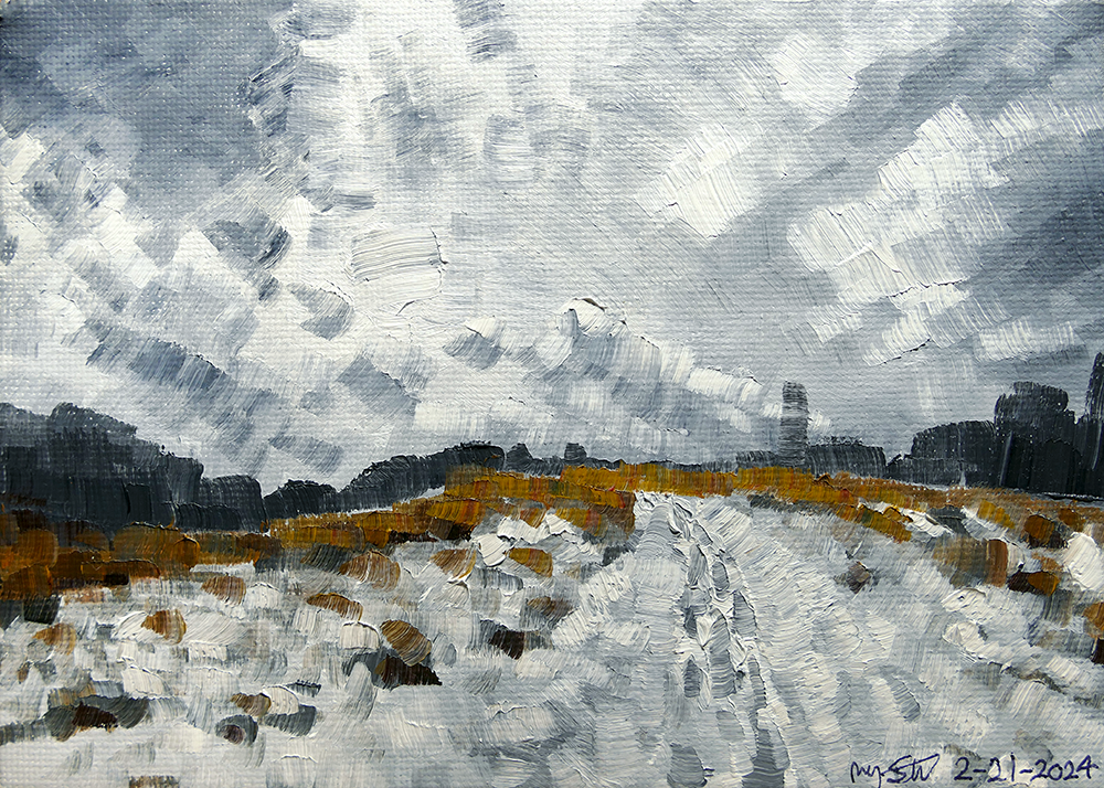 'Radar Hill in Snow' (2024) 5x7in. Oil on Canvas Board