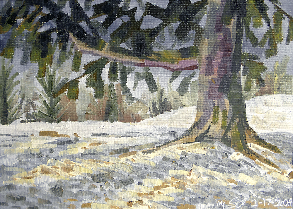 'Cemetery Tree in Winter' (2024) 5x7in. Oil on Canvas Board
