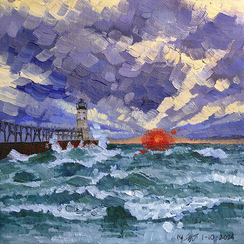‘Violent Waves and Sun Against the Pier’ (2026) 6x6in. Oil on Canvas Board