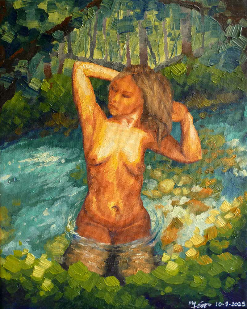 ‘Bathing in Creek, Self Portrait’ (2025) 8x10in. Oil on Canvas