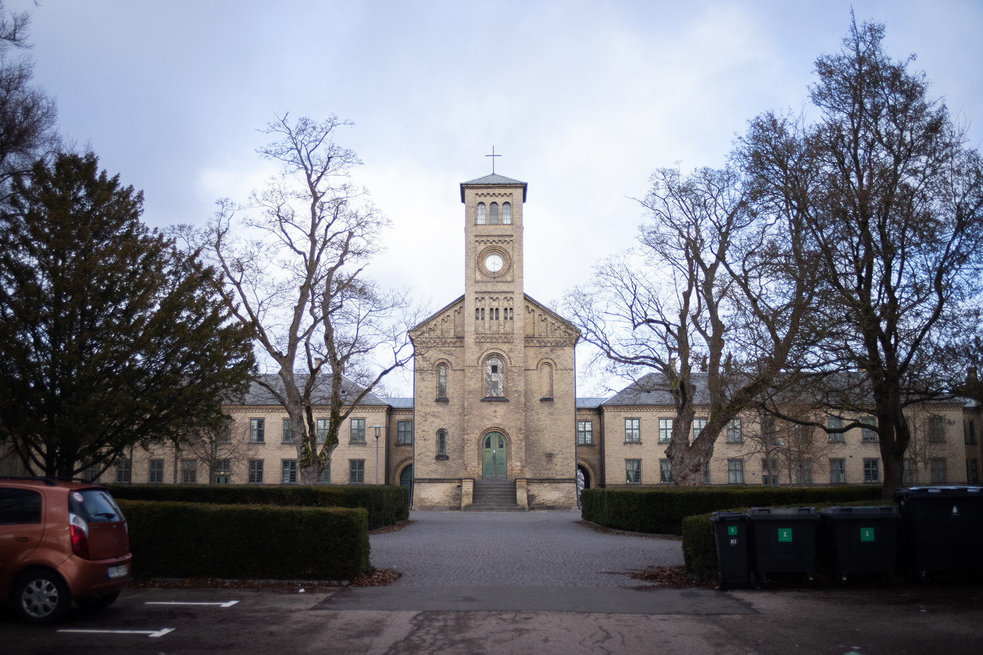 Sankt Hans Hospital front facade with clock tower